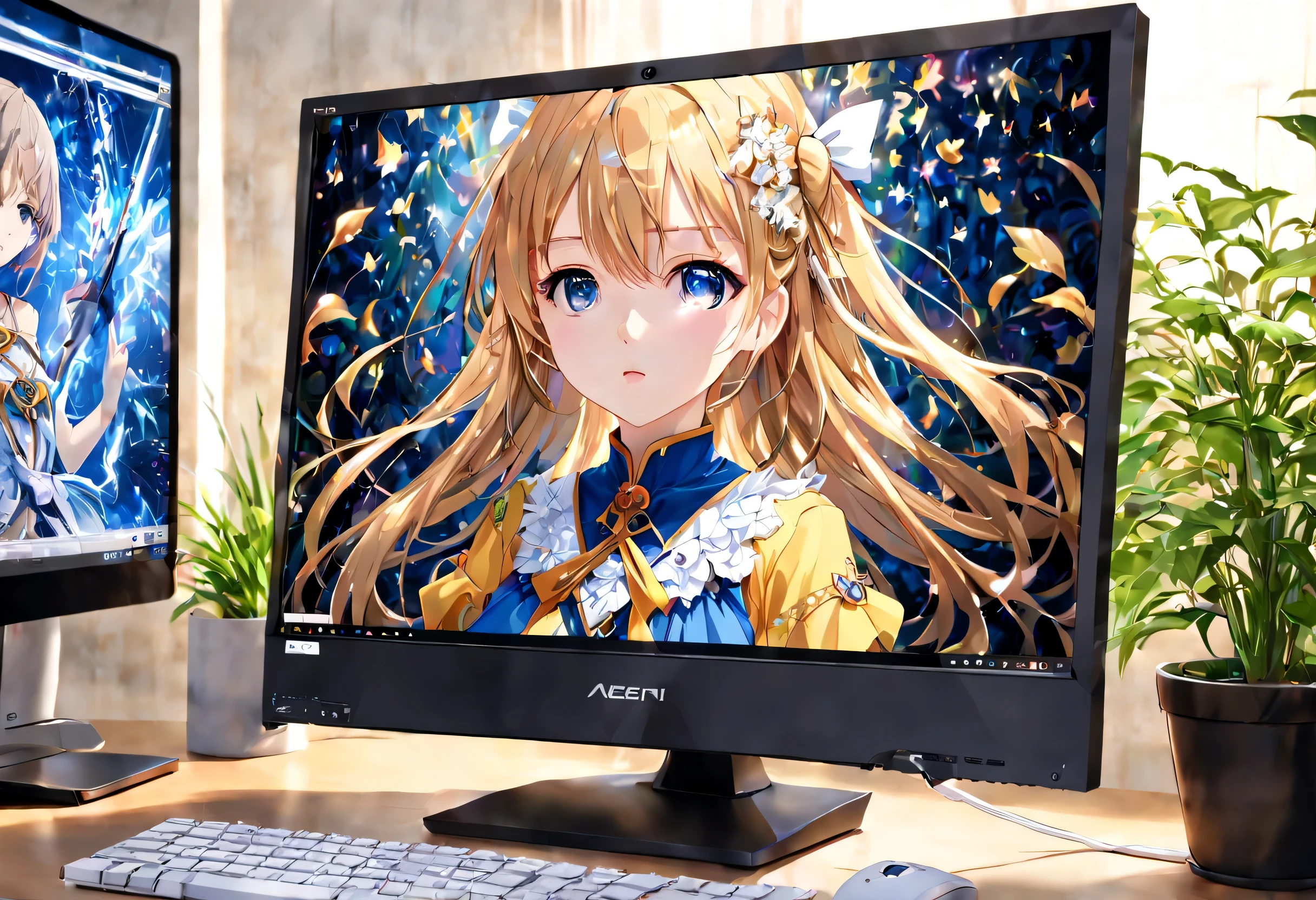 anime, (My AI partner displayed on the PC monitor), Lovely, cute, beautiful, Active girls, healing, , (best configuration), (masterpiece), (highest quality), (Ultra high detail),　intricate details, intricate detail texture, 