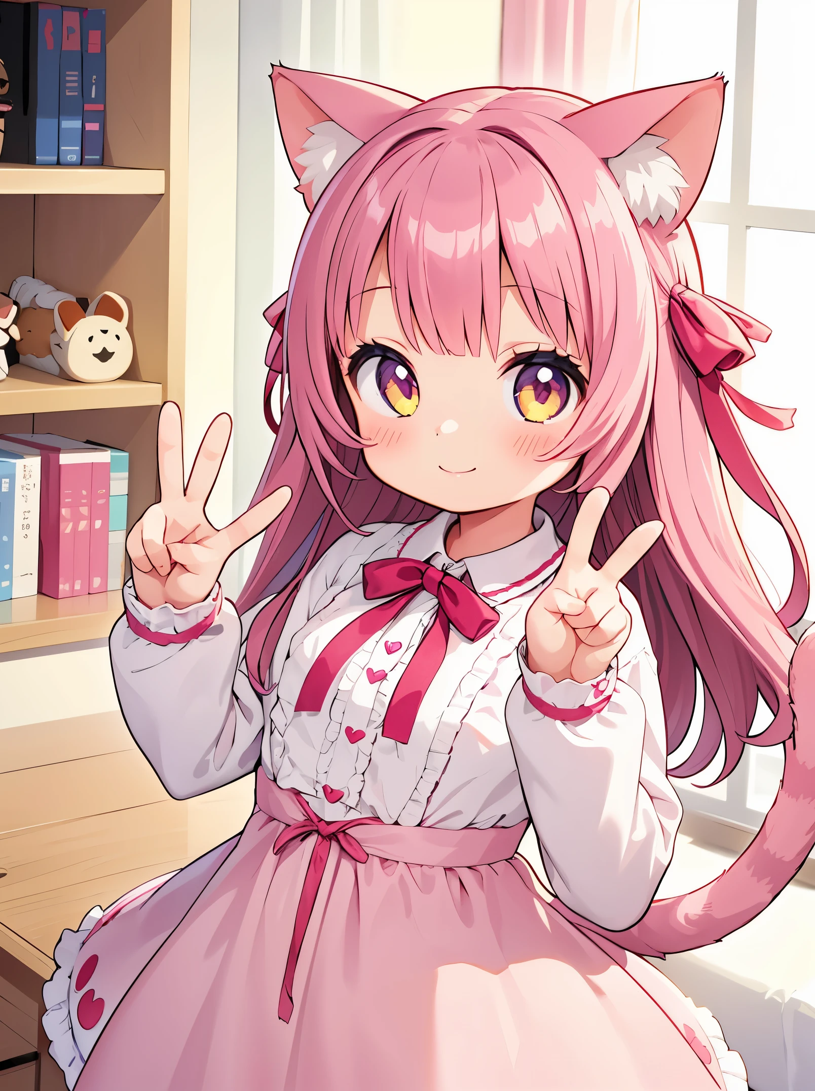1 girl,cat girl,animal ears,tail,looking at the viewer,smile,peace sign,Cute room in pink,heart item,ribbon,Are standing,Upper body,