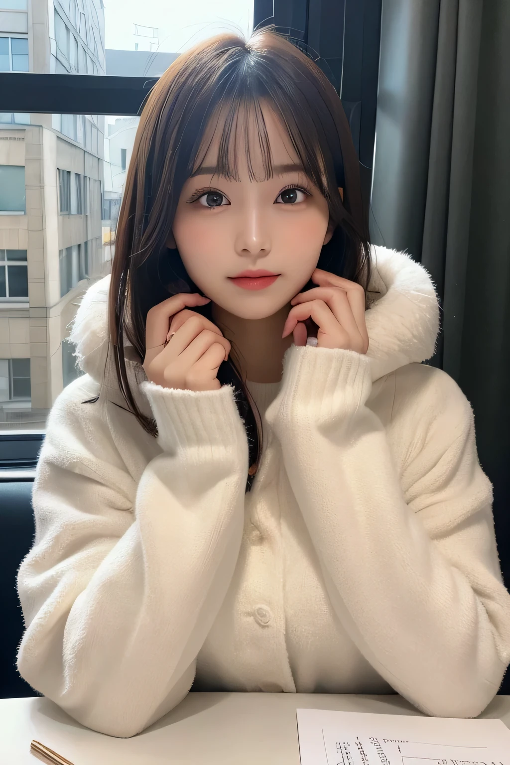 table top, highest quality, shape, Super detailed, finely, High resolution, 8k wallpaper, 完璧なダイナミックな構shape, beautiful and detailed eyes, Fluffy winter clothes with fur,medium hair,small breasts natural color lip、20 year old girl、cute、looking at camera,Slim face and body