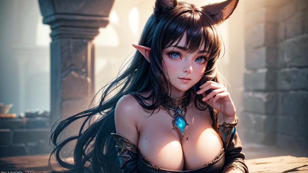(Cinematic footage, full medium closeup, gorgeous 18-year-old kemonomimi woman soft pale skin, cute and youthful face, well-defined eyebrows, delicate nose, ultra-detailed: 1.1, photo-realistic: 1.4, depth of field, cinematic lighting, IMAX camera, HDR, DTM, Full HD, 8k, flared, medium breasts: 1.5, slim, smile, standing, 8K picture quality, sexy seduction, 4k, 8k, highres, best quality, plump and round lips: 1.4, realistic: 1.37 long, flowing: 1.1 luscious, plump: 1.1 sparkling sequins: 1.1 subtle, 0.9 soft, warm: 1.1 masterpiece: 1.2, realistic: 1.4, photo-realistic: 1.37, ultra-detailed: 1.1 busty animal ears, beautiful, detailed ears: 1.1 best quality, 4k, highres, masterpiece: 1.2 detailed, piercing eyes: 1.1 masterpiece: 1.2 very three-dimensional: 1.2, Unreal Engine 5, octane render), (beautiful ultra-detailed face, eyes, highly detail skin texture, high detailed skin, ultra-detailed body, bright and glowing skin: 1.1)
(Physical Rendering, Professional Lighting, Photon Mapping, Radiosity, Soft Light, Lens Reflection: 1.3), (best shadow), (3D: 0.5, realistic: 0.5, photo-realistic: 1.4), (Sharp focus: 1.5), (beautiful face, perfect face: 1.1), (eye makeup: 1.2), (tight body, fitness body: 1.2), (highest quality), (8k, best quality, masterpiece: 1.4), ((masterpiece, best)), (best illustration), (high detail: 1.1)
,(Masterpiece: 1.37, Dungeons & Dragons Theme: 1.37, Detailed Dungeons & Dragons background: 1.37)
