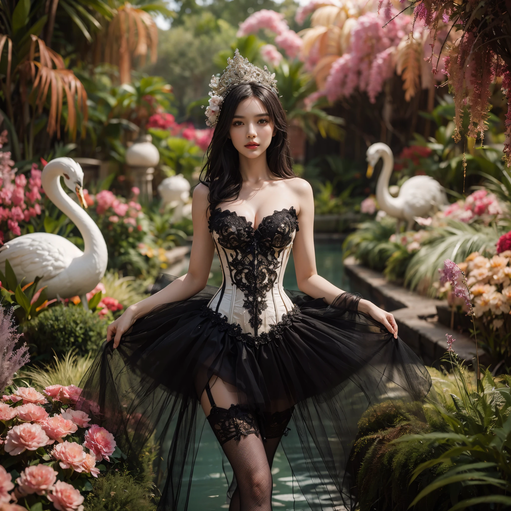 (Ultra HDR) (cinematic effect) Photo of an asian woman with long hair flowing in the wind, wearing a black batik patterned costume, a V-cut strapless corset style batik dress made of carbon patterned satin, a very narrow and stiff V-cut waist decorated with blue jewels, a luxurious long skirt, looks beautiful and stunning, very realistic and detailed, with a royal palace in the background, sitting on a swing, behind it is a black classic car. hyper realistic, hyper detail clothing, Detailed gemstones, masterpiece, best quality:1.2),,(8k,highres,RAW photo,realistic,photo-realistic:1.3),(detailed skin texture,detailed cloth texture, beautiful detailed face:1.25),professional lighting,photon mapping,beautiful soft light,radiosity,physically-based rendering,raytracing, model shoot style, model shoot style, (extremely detailed CG unity 8k wallpaper), full shot body photo of the most beautiful artwork in the world (NSFW), (Nude), (Naked), (pussy) (small pussy) (tight pussy) (carbon fiber corset) (veiny breast) (steampunk corset)