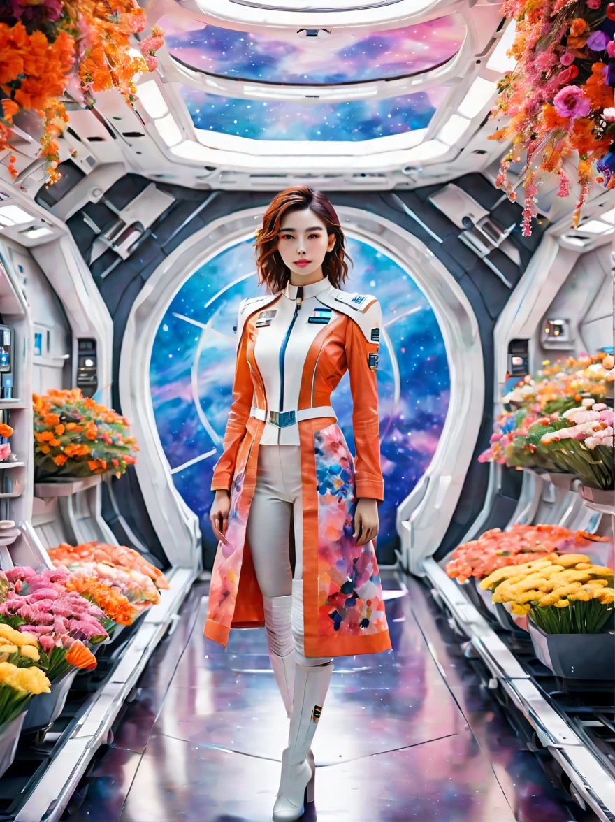 Full-length portrait of a 24-year-old female starship captain，In a futuristic sci-fi scenario，Highlighting her full body image and starship interior。she stands confidently，Captain dressed in futuristic sci-fi style，It is both fashionable and marks her class。her expression will be smiling、Calmness combined with a touch of cuteness，Make her instantly lovable。Background reveals the interior of the starship，Contains advanced technical controls、Screens and futuristic design elements，Enhanced science fiction theme。The scene should capture her leadership qualities and the advanced environment of the starship，Portraying her as a competent and admirable captain in the future world。, (floral watercolor painting:1.5)，(Super high saturation, bright and vivid colors:1.5), (nsfw), (Look at the audience head-on:1.5)