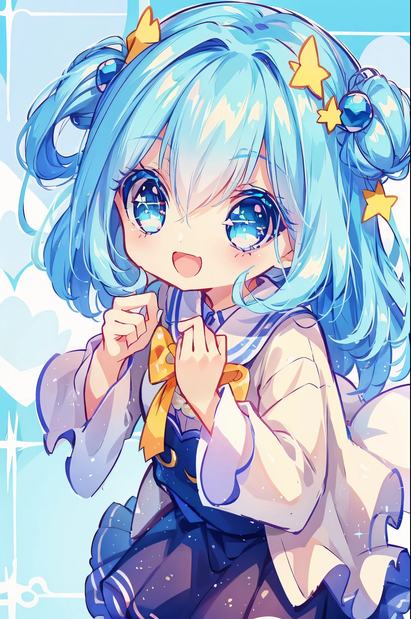 The girl is、neat hair ornament、cute surreal body bien、(detailed eyes、eyes like jewels、sparkling eyes:1.3)、open mouth smile、blue sky、Cute shoes