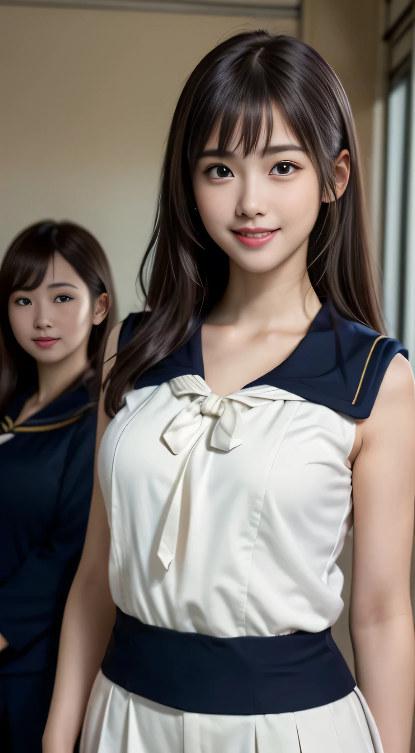 sailor suit、Face Interview, (Photoreal:1.4), (hyper realistic:1.4), (realistic:1.3), (smooth lighting:1.05), (Improve video lighting quality:0.9), 1 female, 16 year old female, realistic lighting, Backlight, facial light, ray tracing, (cheerfulness:1.2), (Improved image quality:1.4), (Highest quality realistic textured skin), finely tuned, small face, smile, baby face, red cheeks, slender body, medium-breasted pointed jaws,,,,,,,,,,,,, Japan idol system, Nogizaka idol, glowing skin, fiery idol pose, P, dull bangs, black hair, hair behind the ear, shoulder hair, long hair,Summer plateau、no makeup、Inside the high school classroom、(紺色の半袖sailor suit:1.5)