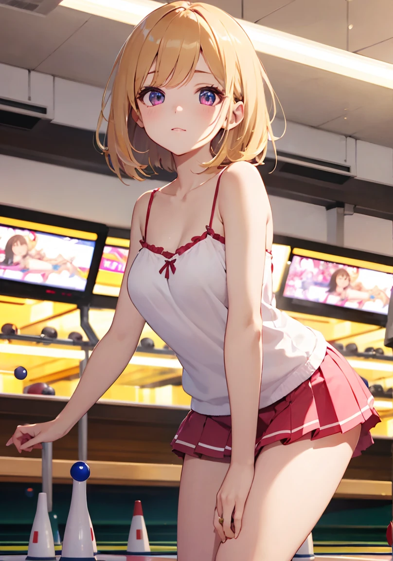 masterpiece, absurdres, best quality, ultra detailed, high Resolution, detailed illustration, extremely beautiful detailed face and eyes, bright colour, 1girl, (loli), cute face, Delicate beautiful face, magenta eyes, cute eyes, sparkling eyes, big eyes, medium breasts, (perky breasts:1.1), (pointy breasts:1.1), medium hips, glamorous body, white skin, happy, BREAK, long bob cut, (blonde hair:0.8), messy hair, detailed hair, shiny hair, BREAK camisole, mini skirt, tiny ribbon, playing bowling, bowling alley, real world, natural lights, perfect lighting,