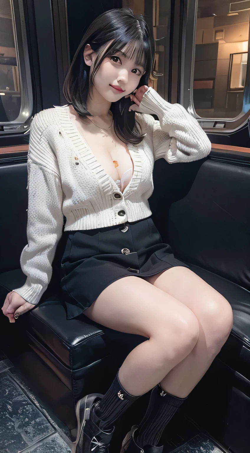 (8K, RAW photo:1.2)detailed face and eyes,highest quality, ultra high resolution, very detailed ,intricate details ,pieces fly ,pretty girl, soft light like a movie, hyper detail,sharp focus on breasts, beautiful black hair, bob cut, cleavage is visible,pink cardigan、(denim mini skirt）、(Full body Esbian)、（sitting）（spread your legs a little）（random pose）