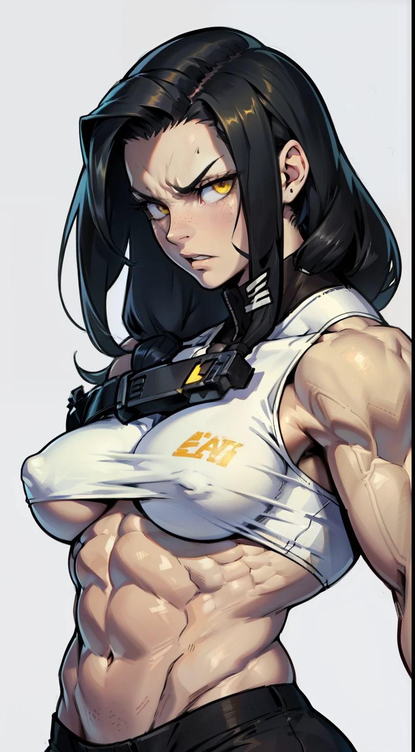 pale ((((((girl)))))) (((((muscular))))) ((((thick small breasts toned body)))) angry black hair yellow eyes