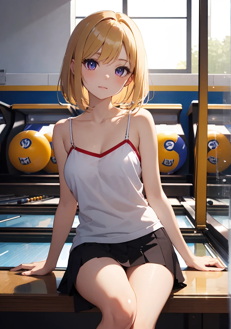 masterpiece, absurdres, best quality, ultra detailed, high Resolution, detailed illustration, extremely beautiful detailed face and eyes, bright colour, 1girl, (loli), cute face, Delicate beautiful face, magenta eyes, cute eyes, sparkling eyes, big eyes, medium breasts, (perky breasts:1.1), (pointy breasts:1.1), medium hips, glamorous body, white skin, happy, BREAK, long bob cut, (blonde hair:0.8), messy hair, detailed hair, shiny hair, BREAK camisole, mini skirt, tiny ribbon, playing bowling, bowling alley, real world, natural lights, perfect lighting,