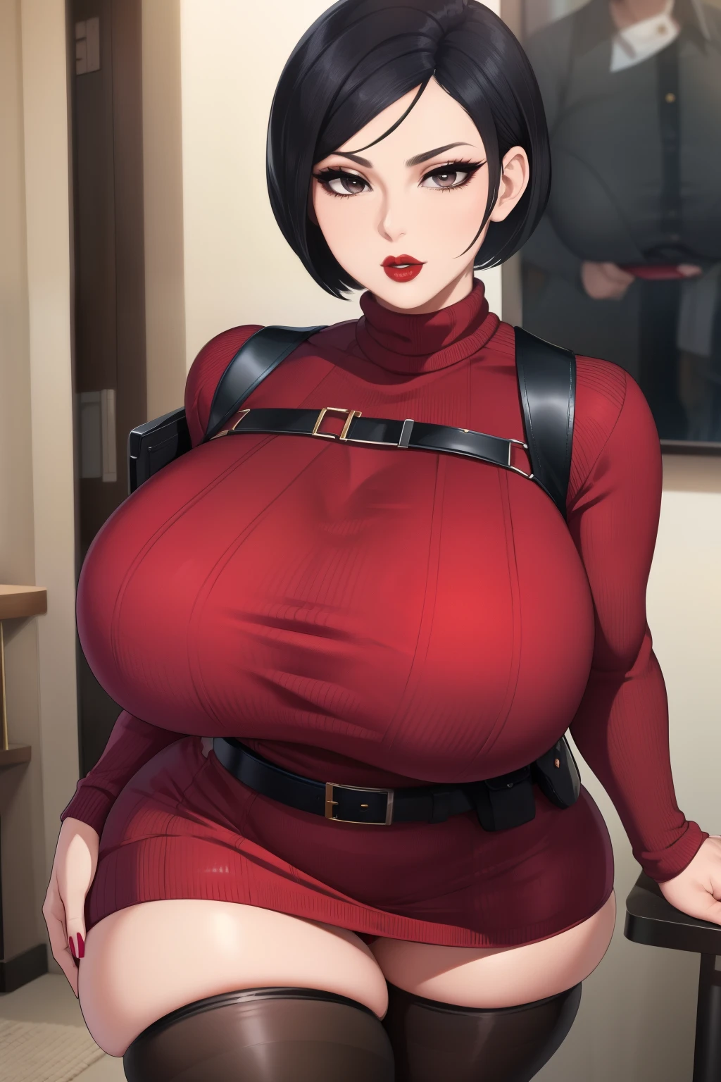 Ada Wong, (((bimbo))), black hair, short hair, perfect face, perfect eyes, looking at viewer, puffy lips, thick lips, wide hips, thick thighs, craving lust face, huge natural breasts, mature mom, indoors, modern interior, fakebreasts, asian female, adasweater, red sweater, sweater dress, turtleneck, harness, pantyhose, black eyes, looking at viewer, large breasts, parted lips, red lips, lipstick, holster, belt, mature female
