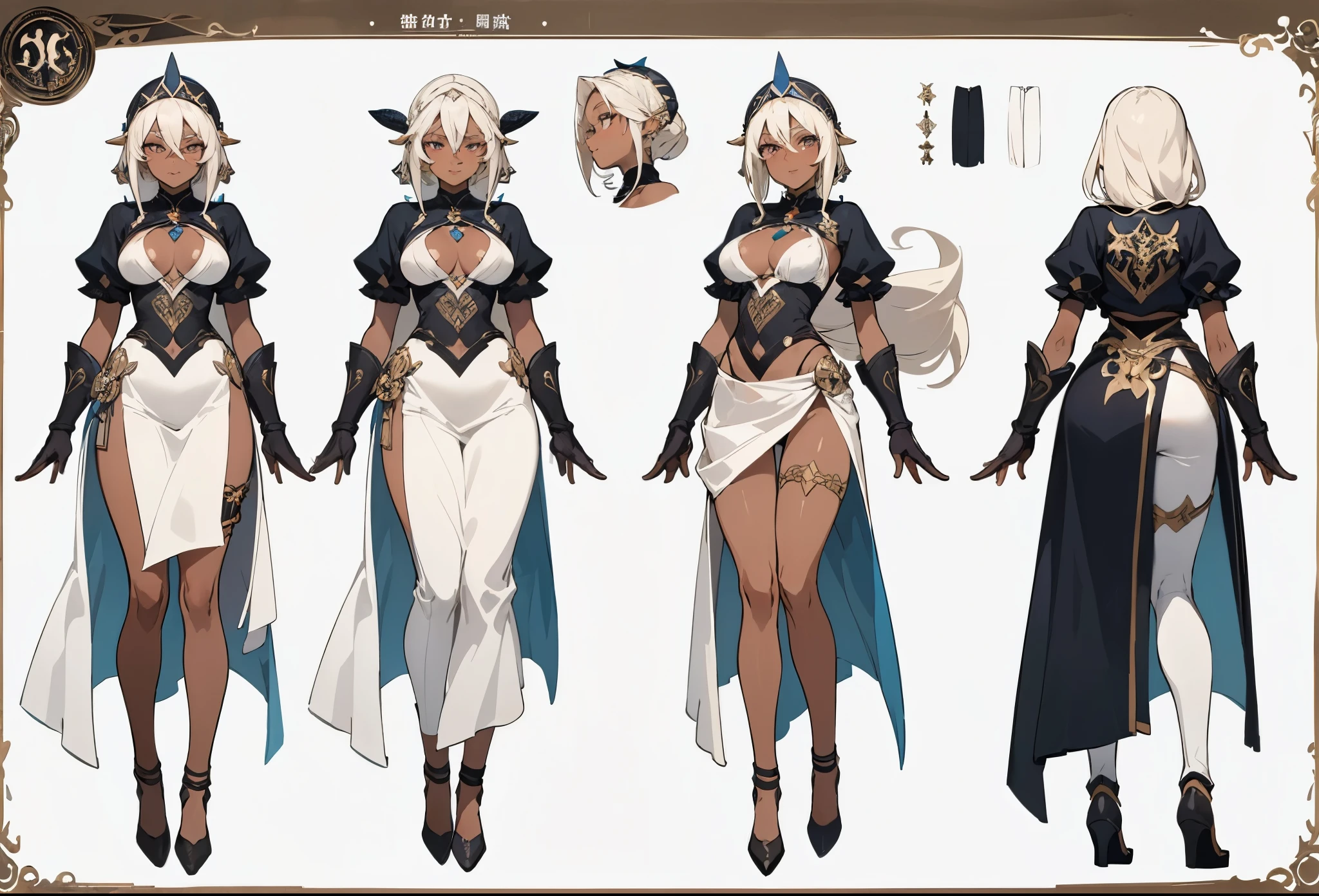 ((masterpiece, top quality)), (detailed face, character sheets, full body, full of details, Multiple poses and expressions, highly detailed, Depth, many parts)(huge breasts) 1 beautiful girl, with platinum blonde hair tied in a side tail, silver eyes, pink lips, sensual body, ((dark skin)) dressed in a fantasy thief costume showing her abdomen, fantasy thief gloves and headdress, flirtatious smile