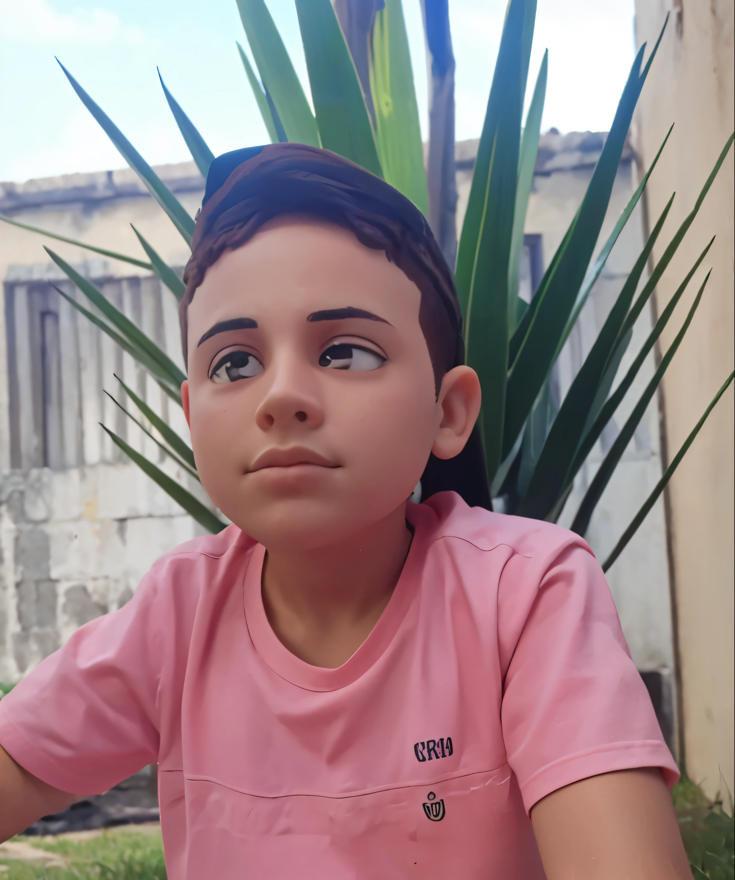 (melhor qualidade)), ((obra de arte)), (detalhado), rosto perfeito, menino de 7 anos, bone para traz, camiseta rosa,