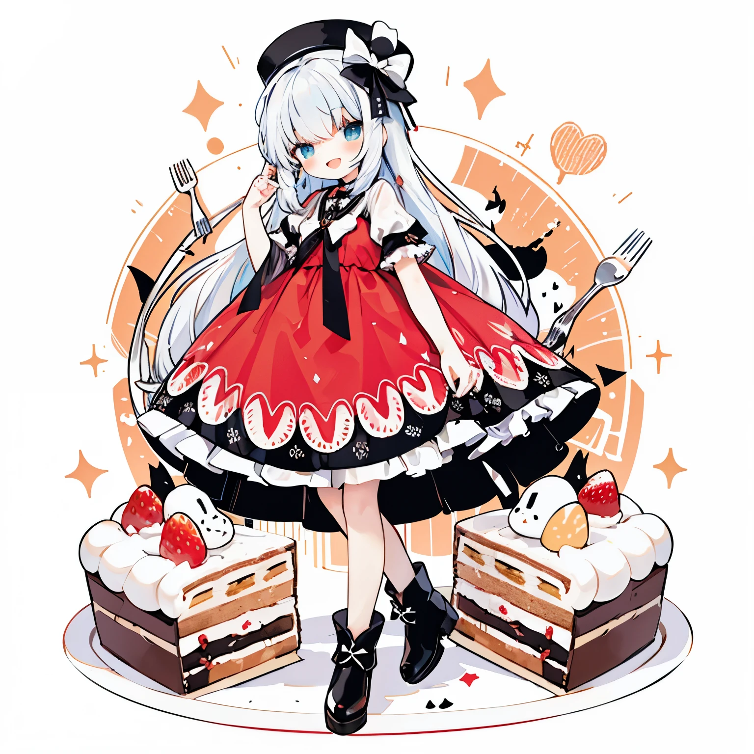 absurderes, hight resolution,  Accurate and matchless cake、Decoration cake、some shortcake、What is fresh cream??🍓、Afternoon tea in the background、
red hairs；1.3、
1 (Lori:0.8) Girl Wearing (Strawberry Cake Dress:1.2), (Lots of cakes in the background:1.25), Caramel Plump Parfait / Tray, (White and red dress:1.2),  (Big:1.1) (Stovepipe Hat:1.15), Top hat、 (Multicolored:1.25) hair, (Smile, Happy:1.2), (fullllbody:1.1), Tidy poses,Girl with a fork
break
(Solo:1.1), (Cute illustration:0.5),(fuwafuwa illustration:0.8), Standing
 
Detailed background、1girl in、Smile with open mouth、Beautifully detailed、Moya、colourfull、marble、Particles of light、patterns、 
Detailed drawing、Vibrant colors、striking contrast、intricate detailes、Delicate depiction、Luminescent、full body Esbian、
From the side、