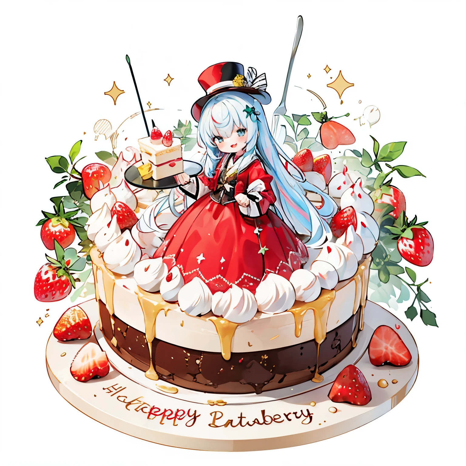 absurderes, hight resolution,  Accurate and matchless cake、Decoration cake、some shortcake、What is fresh cream??🍓、Afternoon tea in the background、
red hairs；1.3、
1 (Lori:0.8) Girl Wearing (Strawberry Cake Dress:1.2), (Lots of cakes in the background:1.25), Caramel Plump Parfait / Tray, (White and red dress:1.2),  (Big:1.1) (Stovepipe Hat:1.15), Top hat、 (Multicolored:1.25) hair, (Smile, Happy:1.2), (fullllbody:1.1), Tidy poses,Girl with a fork
break
(Solo:1.1), (Cute illustration:0.5),(fuwafuwa illustration:0.8), Standing
 
Detailed background、1girl in、Smile with open mouth、Beautifully detailed、Moya、colourfull、marble、Particles of light、patterns、 
Detailed drawing、Vibrant colors、striking contrast、intricate detailes、Delicate depiction、Luminescent、full body Esbian、
From the side、