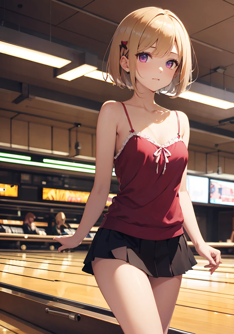 masterpiece, absurdres, best quality, ultra detailed, high Resolution, detailed illustration, extremely beautiful detailed face and eyes, bright colour, 1girl, (loli), cute face, Delicate beautiful face, magenta eyes, cute eyes, sparkling eyes, big eyes, medium breasts, (perky breasts:1.1), (pointy breasts:1.1), medium hips, glamorous body, white skin, happy, BREAK, long bob cut, (blonde hair:0.8), messy hair, detailed hair, shiny hair, BREAK camisole, mini skirt, tiny ribbon, playing bowling, bowling alley, real world, natural lights, perfect lighting,