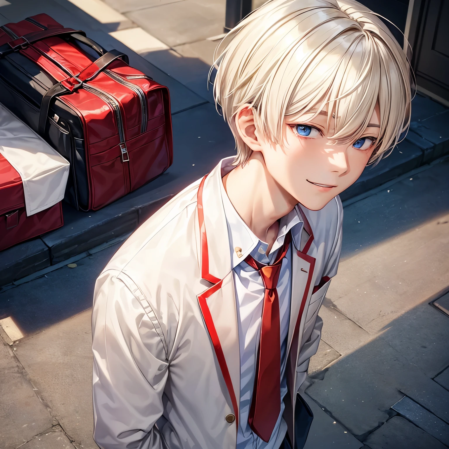 A 17 year old Japanese boy who is wearing a uniform blazer (( white shirt and red necktie)), beige very short hair(( one length haircut)) (( fringe covers his eyes)), round cute blue eyes, calm smile, have his school bag on his shoulder