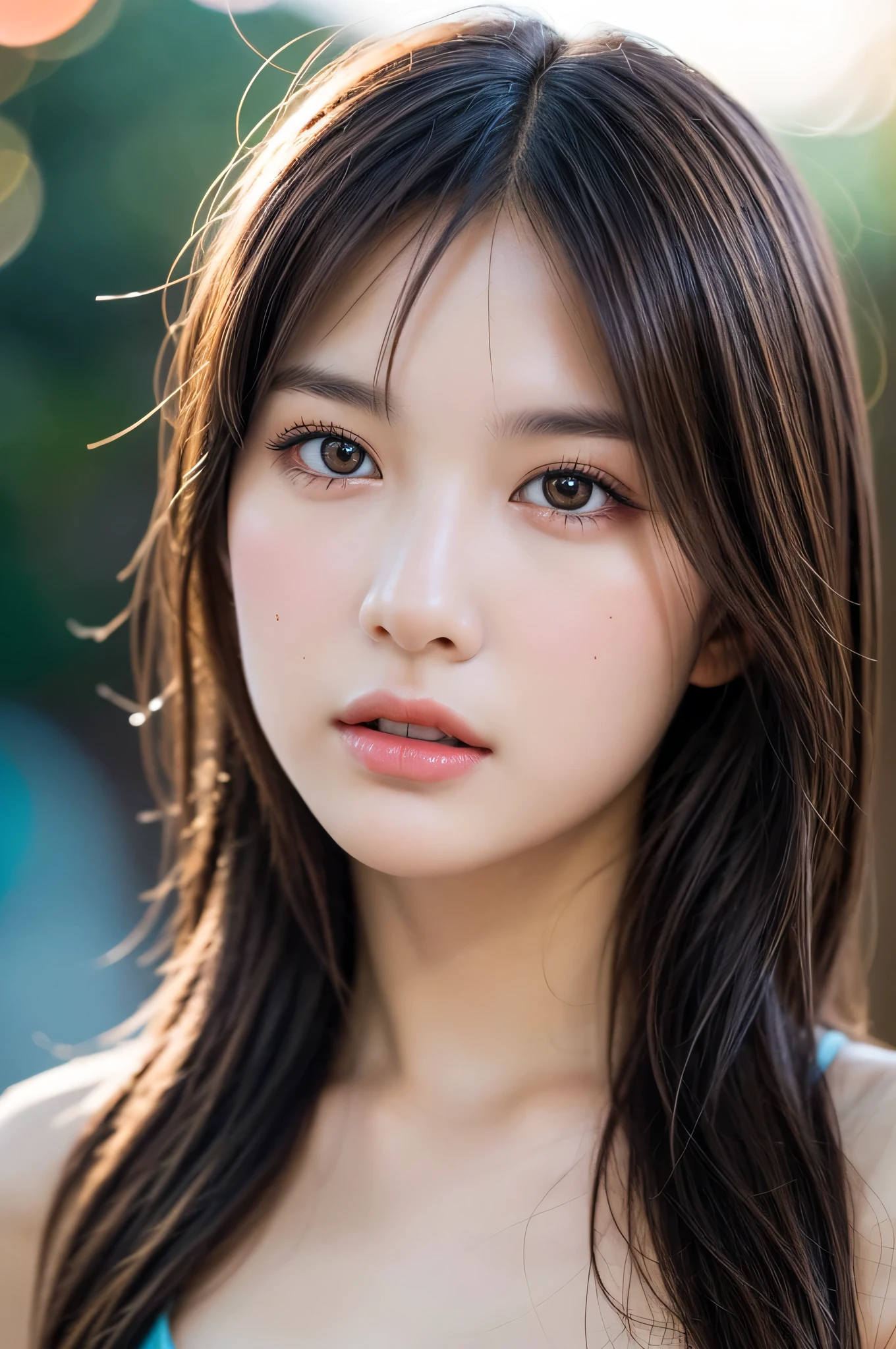 (best quality), (ultra-detailed), (illustration), (detailed light), (an extremely delicate and beautiful), ung girl, brown hair, brown eyes, model, bare shoulders, best quality, extremely detailed CG unified 8k wallpaper, High-definition raw color photos, professional photograpy, (((Bokeh))), depth of fields, twilight, sunset,