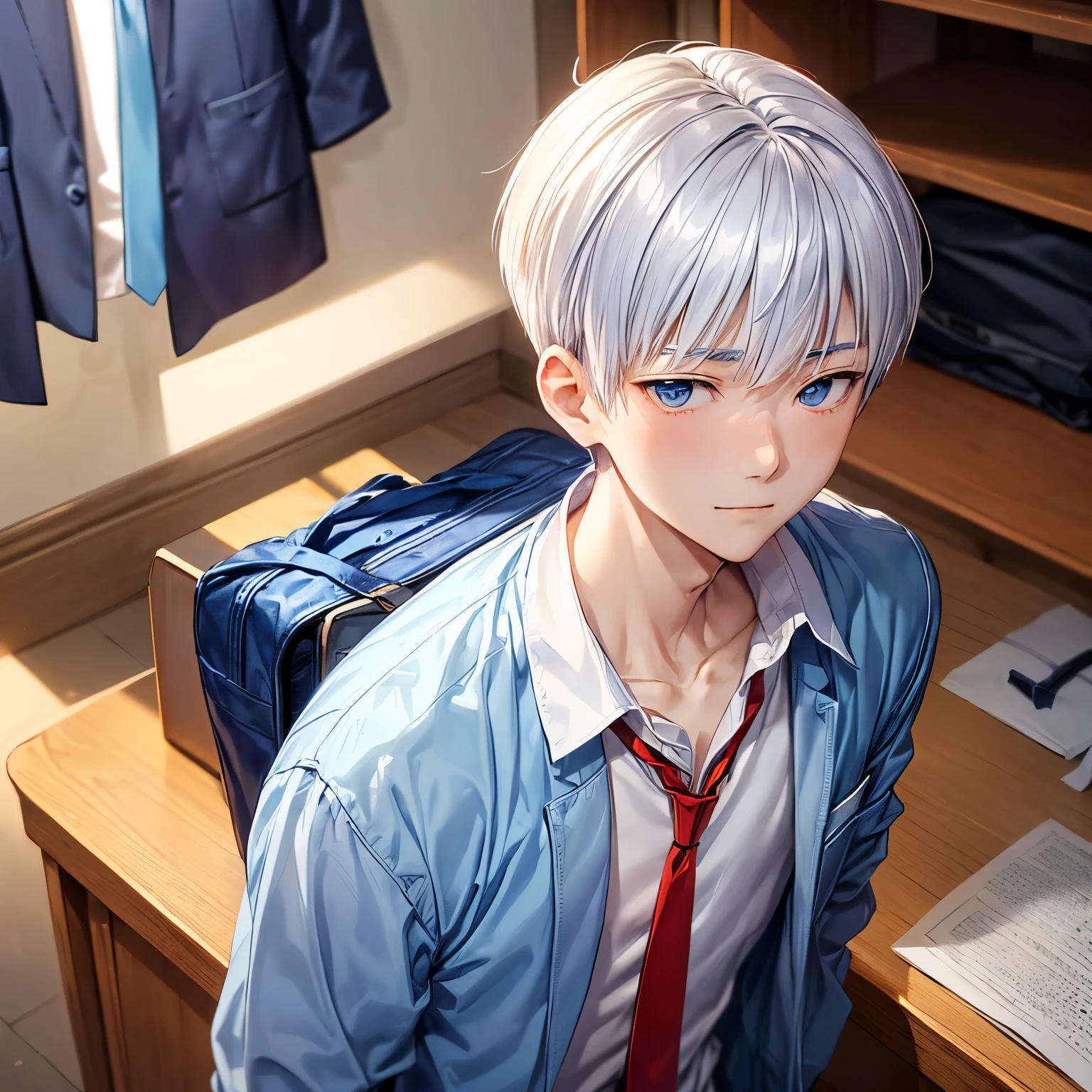 A Japanese boy (( very smooth skin)) who is wearing a indigo uniform jacket (( white shirt , pale blue undershirt and red necktie)),beige very short hair(( one-length haircut until his neck )) (( fringe blinds his eyes)), round cute blue eyes, calm smile, have his school bag on his shoulder , looking down interestingly so much