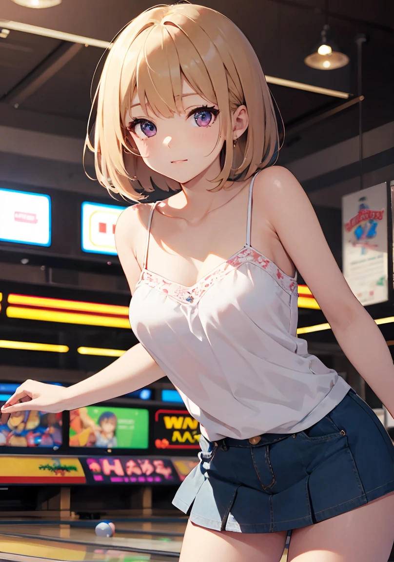 masterpiece, absurdres, best quality, ultra detailed, high Resolution, detailed illustration, extremely beautiful detailed face and eyes, bright colour, 1girl, (loli), cute face, Delicate beautiful face, magenta eyes, cute eyes, sparkling eyes, big eyes, medium breasts, (perky breasts:1.1), (pointy breasts:1.1), medium hips, glamorous body, white skin, happy, BREAK, long bob cut, (blonde hair:0.8), messy hair, detailed hair, shiny hair, BREAK camisole, mini skirt, tiny ribbon, playing bowling, bowling alley, real world, natural lights, perfect lighting,