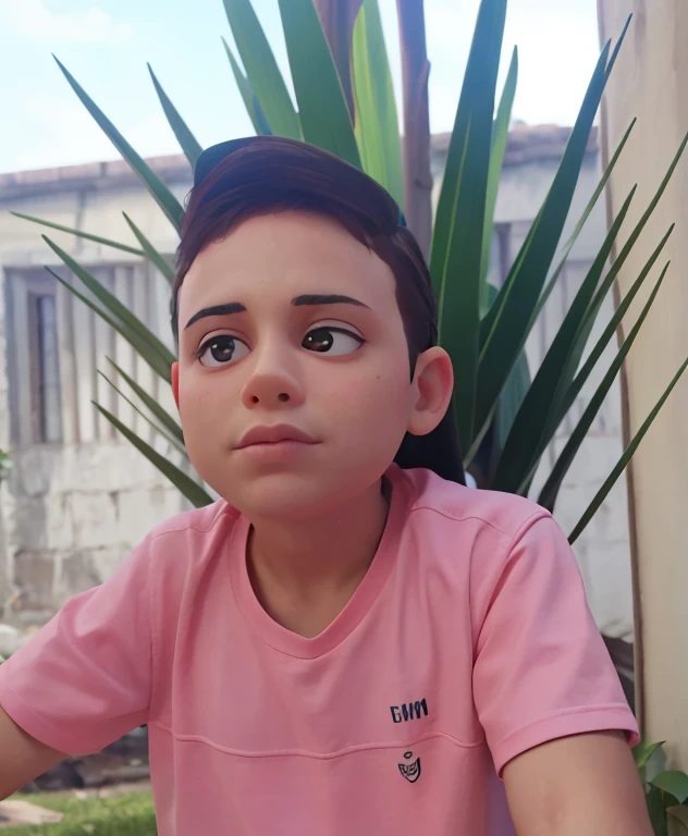 (melhor qualidade)), ((obra de arte)), (detalhado), rosto perfeito, menino de 7 anos, bone para traz, camiseta rosa,  looking like cartoon caracter.