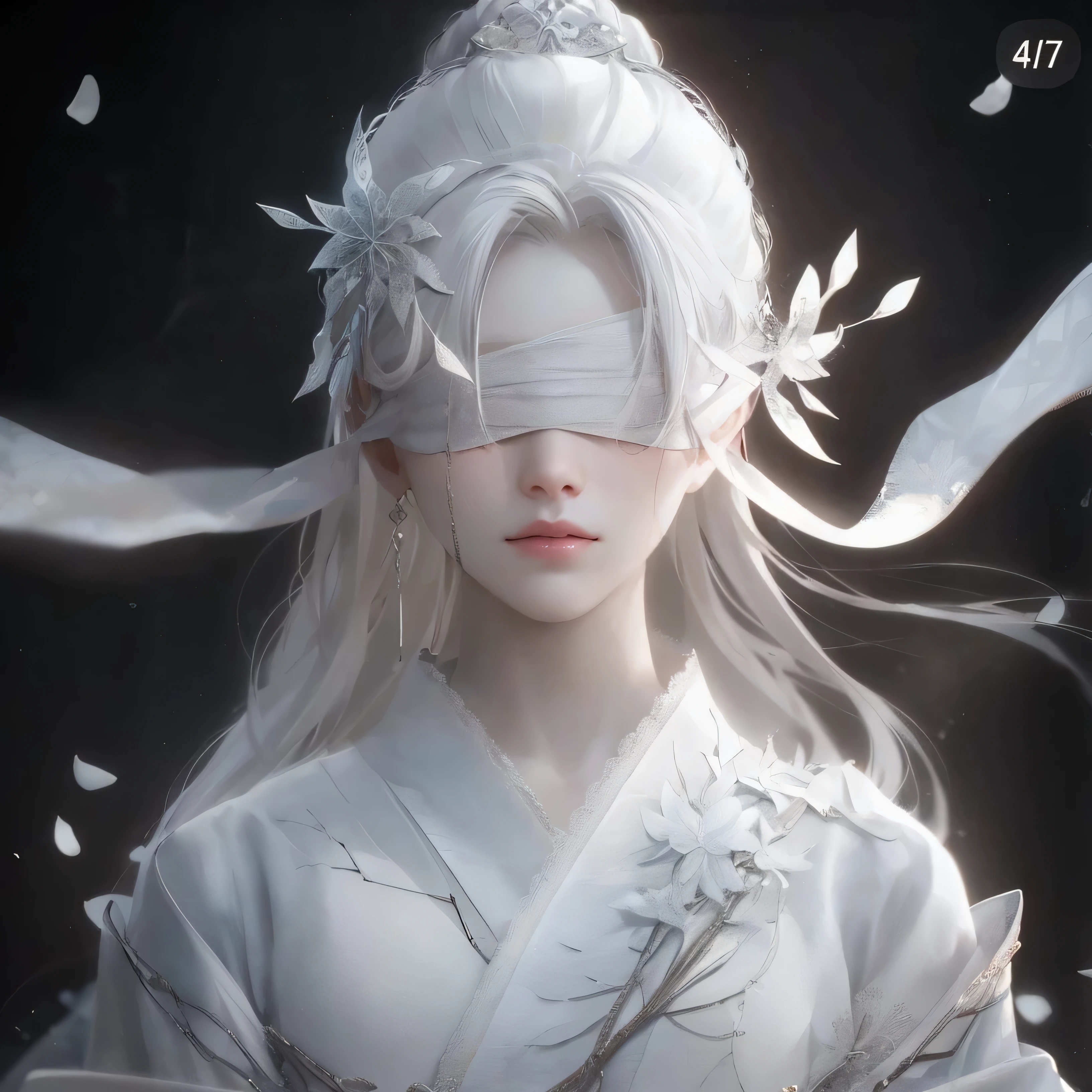 Close-up of blindfolded white-haired woman, beautiful figure painting, Guwitz, Guwiz style artwork, White-haired God, Yang Jian, Epic and beautiful character art, Stunning character art, Fan Qi, Wu Zhun Shifan, Gu Wiz on pixiv art website