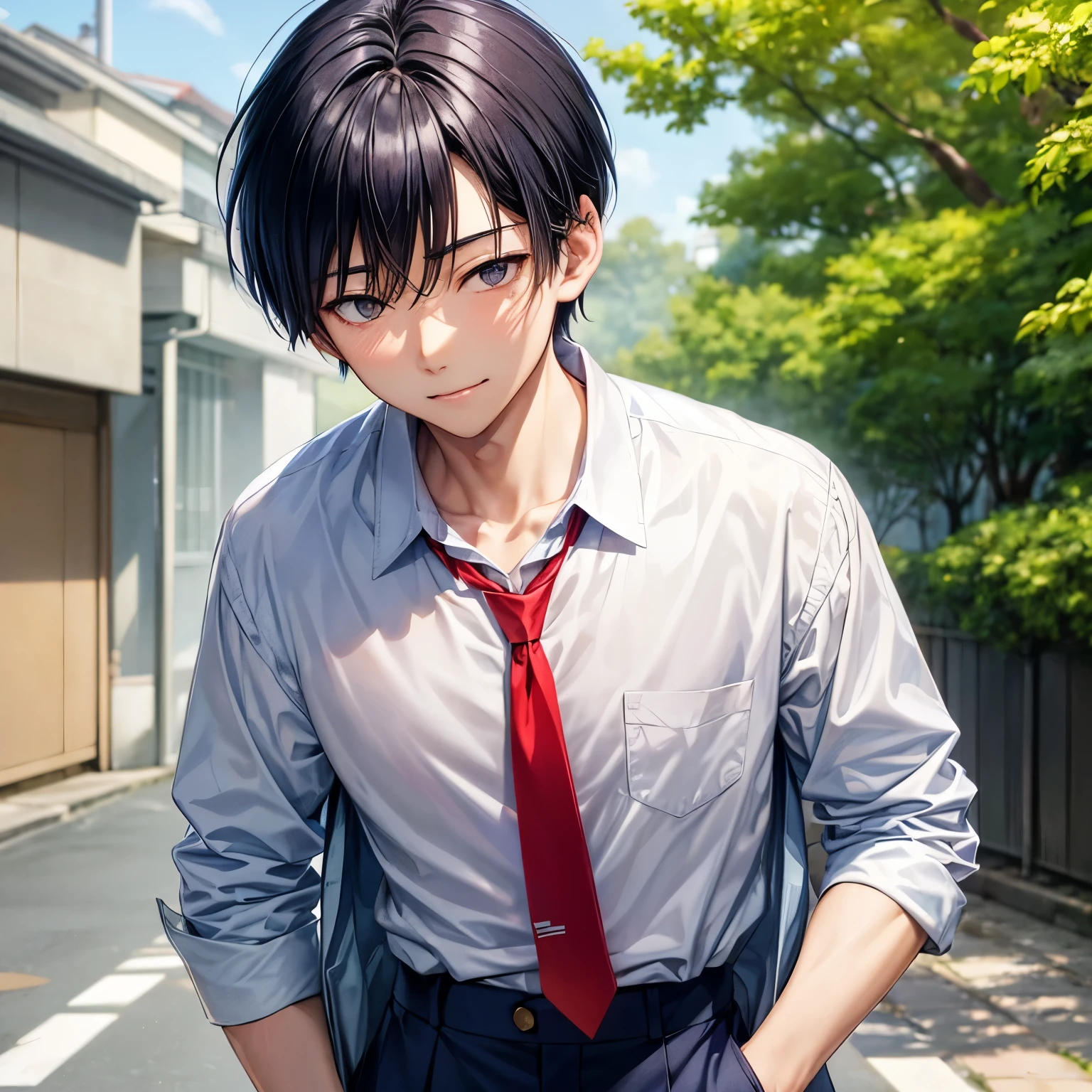 A 17 year old Japanese boy (( very smooth skin)) who is wearing a indigo uniform jacket (( white shirt , pale blue undershirt and red necktie)),beige very short hair(( one-length back hair until his neck )) (( fringe blinds his eyes)), round cute pale gray eyes, looking calm and relaxed smile(( his mouths corners are rising)), have his school bag on his shoulder , looking down interestingly so much