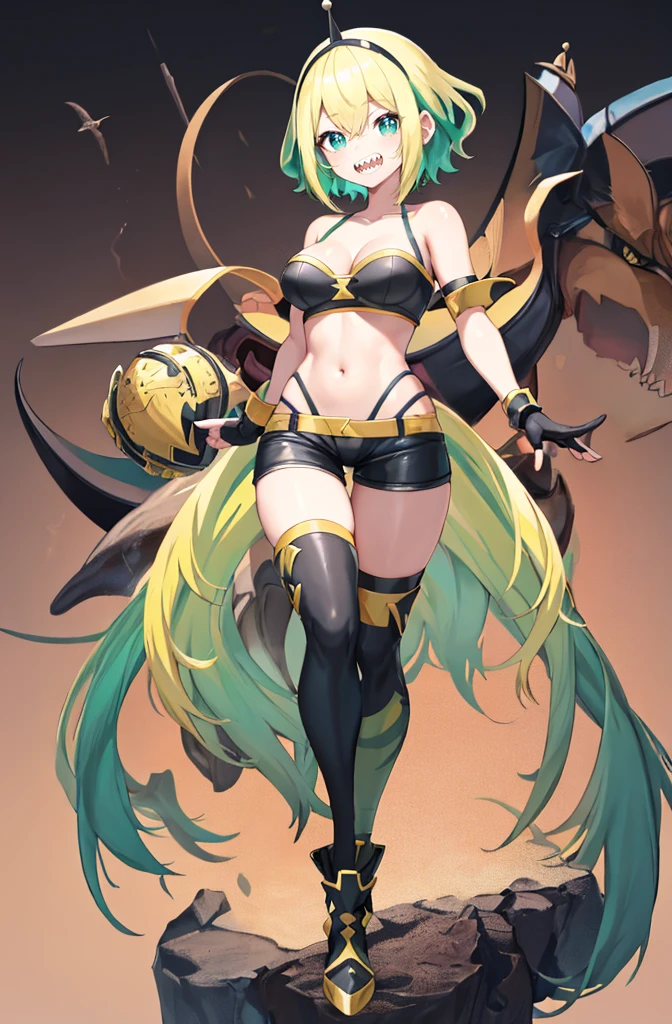 amano pikamee, 1girl, virtual youtuber, solo, sharp teeth, teeth, blonde hair, multicolored hair, hairband,t, two-tone hair, bright pupils, white pupils, breasts, gradient, collarbone, bangs, yellow background, bare shoulders, gradient background, green eyes, black shorts, hair between eyes, green hair, cleavage, short hair,(icone de um jogo), (icone de peitoral : 1.5), um peitoral , peitoral marrom, chest plate, peitoral pesada marrom, peitoral grosso, peitoral de Armadura intrincada, peitoral de armadura de fantasia pesada, peitoral detalhado, armadura ornamentada, peitoral de Armadura Paladina, peitoral dearmadura de batalha, intrincada peitoral, full body walking