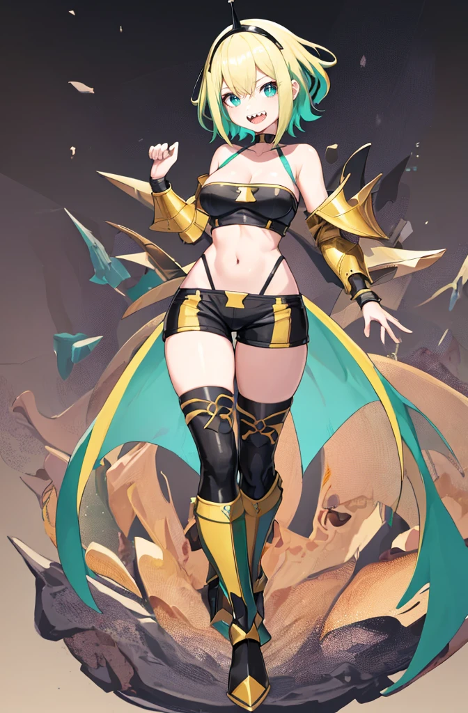 amano pikamee, 1girl, virtual youtuber, solo, sharp teeth, teeth, blonde hair, multicolored hair, hairband,t, two-tone hair, bright pupils, white pupils, breasts, gradient, collarbone, bangs, yellow background, bare shoulders, gradient background, green eyes, black shorts, hair between eyes, green hair, cleavage, short hair,(icone de um jogo), (icone de peitoral : 1.5), um peitoral , peitoral marrom, chest plate, peitoral pesada marrom, peitoral grosso, peitoral de Armadura intrincada, peitoral de armadura de fantasia pesada, peitoral detalhado, armadura ornamentada, peitoral de Armadura Paladina, peitoral dearmadura de batalha, intrincada peitoral, full body walking