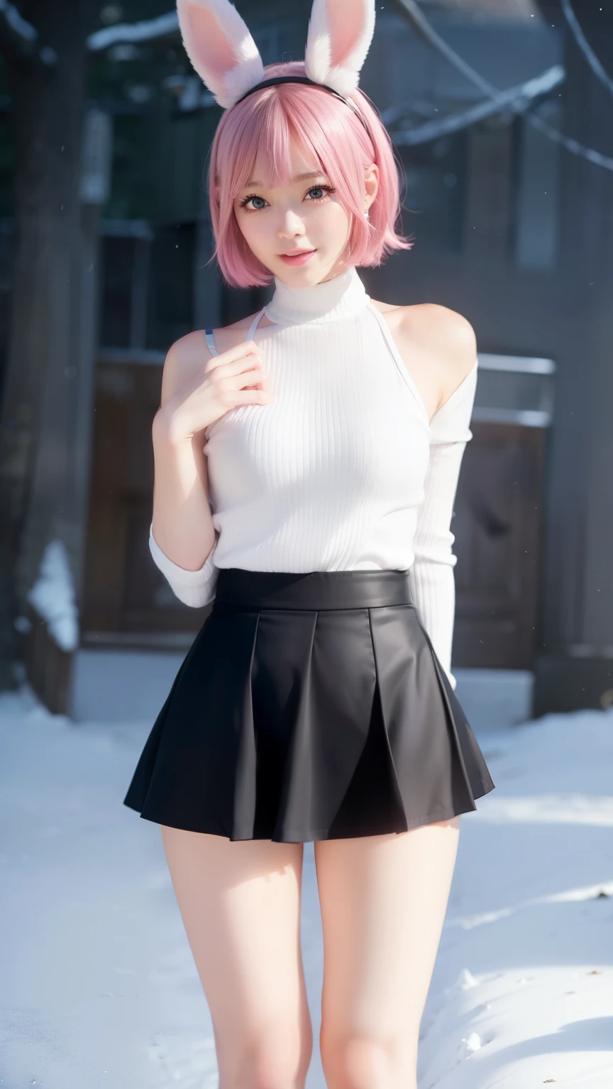 Japan black school uniform、Pink rabbit ears、Black sailor suit in Japan、Black Uniform Skirt、black skirt、white dress shirt、Panty shot、Japanese group idol、AKB48、Pants visible from skirt、open your legs、spread your legs、snow scene、winter scenery、Pink short cut hair、pink hair color、Pink rabbit ears stick out of the head、the woman is japanese、K-pop、cute face、Small underwear、muste piece、Transparent white skin、pink hair、Beautiful rabbit woman、Healthy five-fingered not ragged、Number of normal fingers、small breasts、short cut bob、不快感のないAnatomically correct number of fingers、beautiful nose、beautiful eyes、Rear view、Raise your ass and street、Pink short cut hair、(8K, highest quality, masterpiece:1.2), (real, photorealistic:1.37)、cute、Report、(A sloppy smile:1.15)、(smile)、small breasts、(short hair:1.2)、master piece、ピンクのshort cut bob、realなウサギの耳、ピンクのrealなウサギの耳、頭から突き出ているウサギのrealな耳、pink hair、A beautiful girl with a bewitching atmosphere、beautiful shaped hands、K-pop、Pink rabbit ears、1 girl、Report、masterpiece、highest quality、real、hyper detail、disorganized、短いpink hair、Slender beauties、dynamic lighting、High resolution、sharp focus、Depth of bounds written、(thick thighs:1.0)、slender :1.2,((short cut bobの髪))、((K-pop:1.3)),Highly detailed face and skin texture、((troublesome)),Anatomically correct number of fingers,correct anatomy