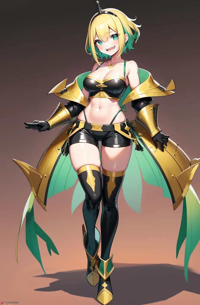 amano pikamee, 1girl, virtual youtuber, solo, sharp teeth, teeth, blonde hair, multicolored hair, hairband,t, two-tone hair, bright pupils, white pupils, breasts, gradient, collarbone, bangs, yellow background, bare shoulders, gradient background, green eyes, black shorts, hair between eyes, green hair, cleavage, short hair,(icone de um jogo), (icone de peitoral : 1.5), um peitoral , peitoral marrom, chest plate, peitoral pesada marrom, peitoral grosso, peitoral de Armadura intrincada, peitoral de armadura de fantasia pesada, peitoral detalhado, armadura ornamentada, peitoral de Armadura Paladina, peitoral dearmadura de batalha, intrincada peitoral, full body walking