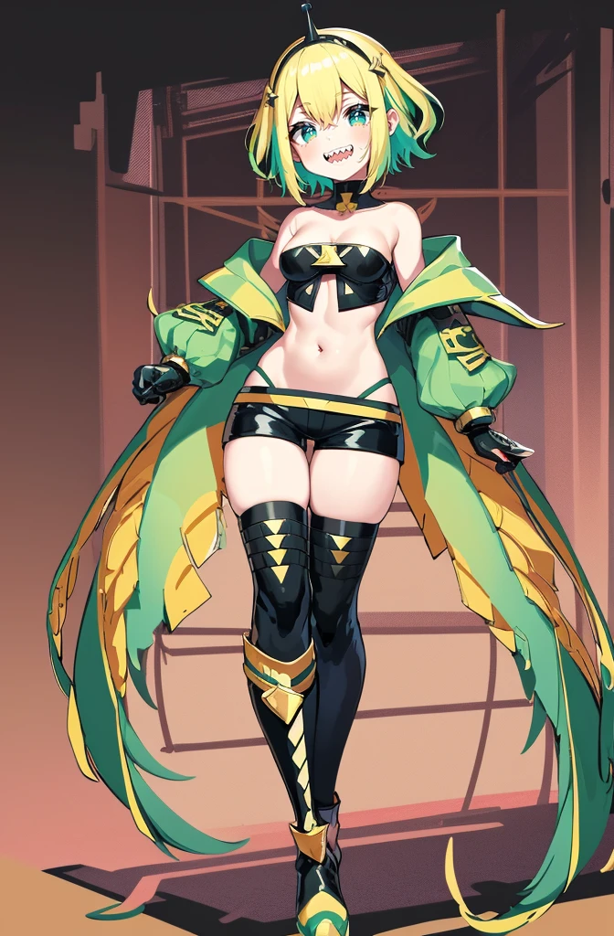 amano pikamee, 1girl, virtual youtuber, solo, sharp teeth, teeth, blonde hair, multicolored hair, hairband,t, two-tone hair, bright pupils, white pupils, breasts, gradient, collarbone, bangs, yellow background, bare shoulders, gradient background, green eyes, black shorts, hair between eyes, green hair, cleavage, short hair,(icone de um jogo), (icone de peitoral : 1.5), um peitoral , peitoral marrom, chest plate, peitoral pesada marrom, peitoral grosso, peitoral de Armadura intrincada, peitoral de armadura de fantasia pesada, peitoral detalhado, armadura ornamentada, peitoral de Armadura Paladina, peitoral dearmadura de batalha, intrincada peitoral, full body walking