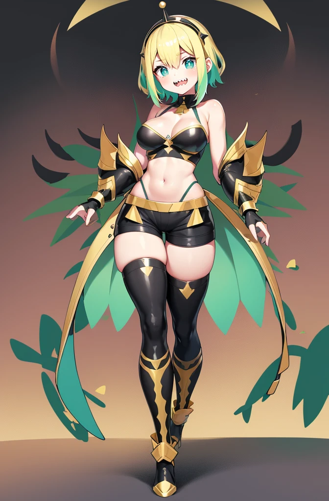 amano pikamee, 1girl, virtual youtuber, solo, sharp teeth, teeth, blonde hair, multicolored hair, hairband,t, two-tone hair, bright pupils, white pupils, breasts, gradient, collarbone, bangs, yellow background, bare shoulders, gradient background, green eyes, black shorts, hair between eyes, green hair, cleavage, short hair,(icone de um jogo), (icone de peitoral : 1.5), um peitoral , peitoral marrom, chest plate, peitoral pesada marrom, peitoral grosso, peitoral de Armadura intrincada, peitoral de armadura de fantasia pesada, peitoral detalhado, armadura ornamentada, peitoral de Armadura Paladina, peitoral dearmadura de batalha, intrincada peitoral, full body walking