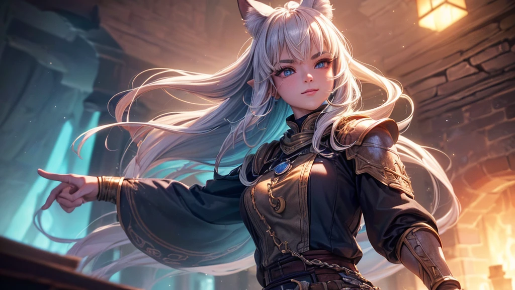 (Cinematic footage, full medium closeup, gorgeous 18-year-old kemonomimi woman soft pale skin, cute and youthful face, well-defined eyebrows, delicate nose, ultra-detailed: 1.1, photo-realistic: 1.4, depth of field, cinematic lighting, IMAX camera, HDR, DTM, Full HD, 8k, flared, medium breasts: 1.5, slim, smile, standing, 8K picture quality, sexy seduction, 4k, 8k, highres, best quality, plump and round lips: 1.4, realistic: 1.37 long, flowing: 1.1 luscious, plump: 1.1 sparkling sequins: 1.1 subtle, 0.9 soft, warm: 1.1 masterpiece: 1.2, realistic: 1.4, photo-realistic: 1.37, ultra-detailed: 1.1 busty animal ears, beautiful, detailed ears: 1.1 best quality, 4k, highres, masterpiece: 1.2 detailed, piercing eyes: 1.1 masterpiece: 1.2 very three-dimensional: 1.2, Unreal Engine 5, octane render), (beautiful ultra-detailed face, eyes, highly detail skin texture, high detailed skin, ultra-detailed body, bright and glowing skin: 1.1)
(Physical Rendering, Professional Lighting, Photon Mapping, Radiosity, Soft Light, Lens Reflection: 1.3), (best shadow), (3D: 0.5, realistic: 0.5, photo-realistic: 1.4), (Sharp focus: 1.5), (beautiful face, perfect face: 1.1), (eye makeup: 1.2), (tight body, fitness body: 1.2), (highest quality), (8k, best quality, masterpiece: 1.4), ((masterpiece, best)), (best illustration), (high detail: 1.1)
,(Masterpiece: 1.37, Dungeons & Dragons Theme: 1.37, Detailed Dungeons & Dragons background: 1.37)