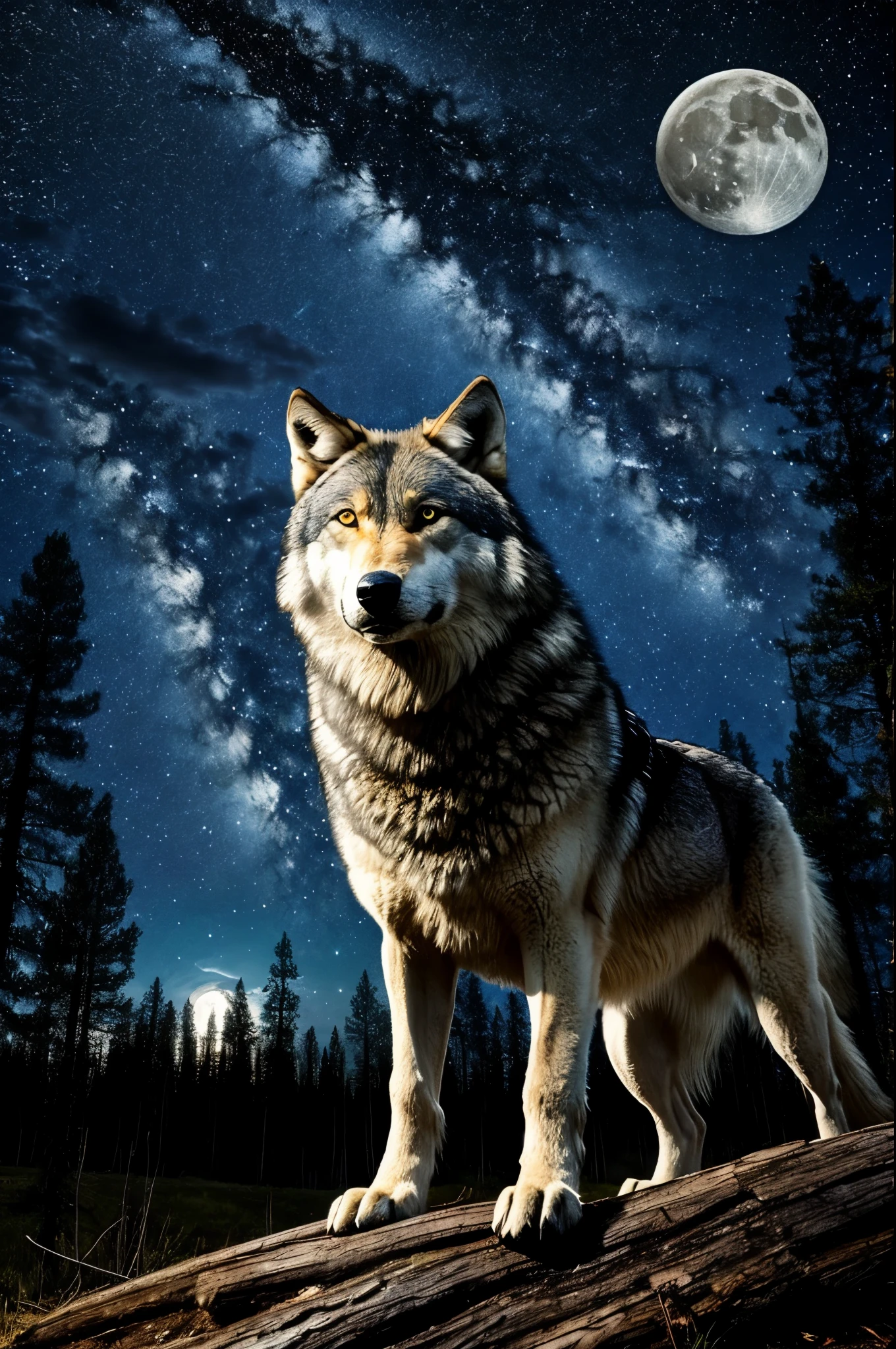 wolf, forest, spring, night, sky, stars, moon