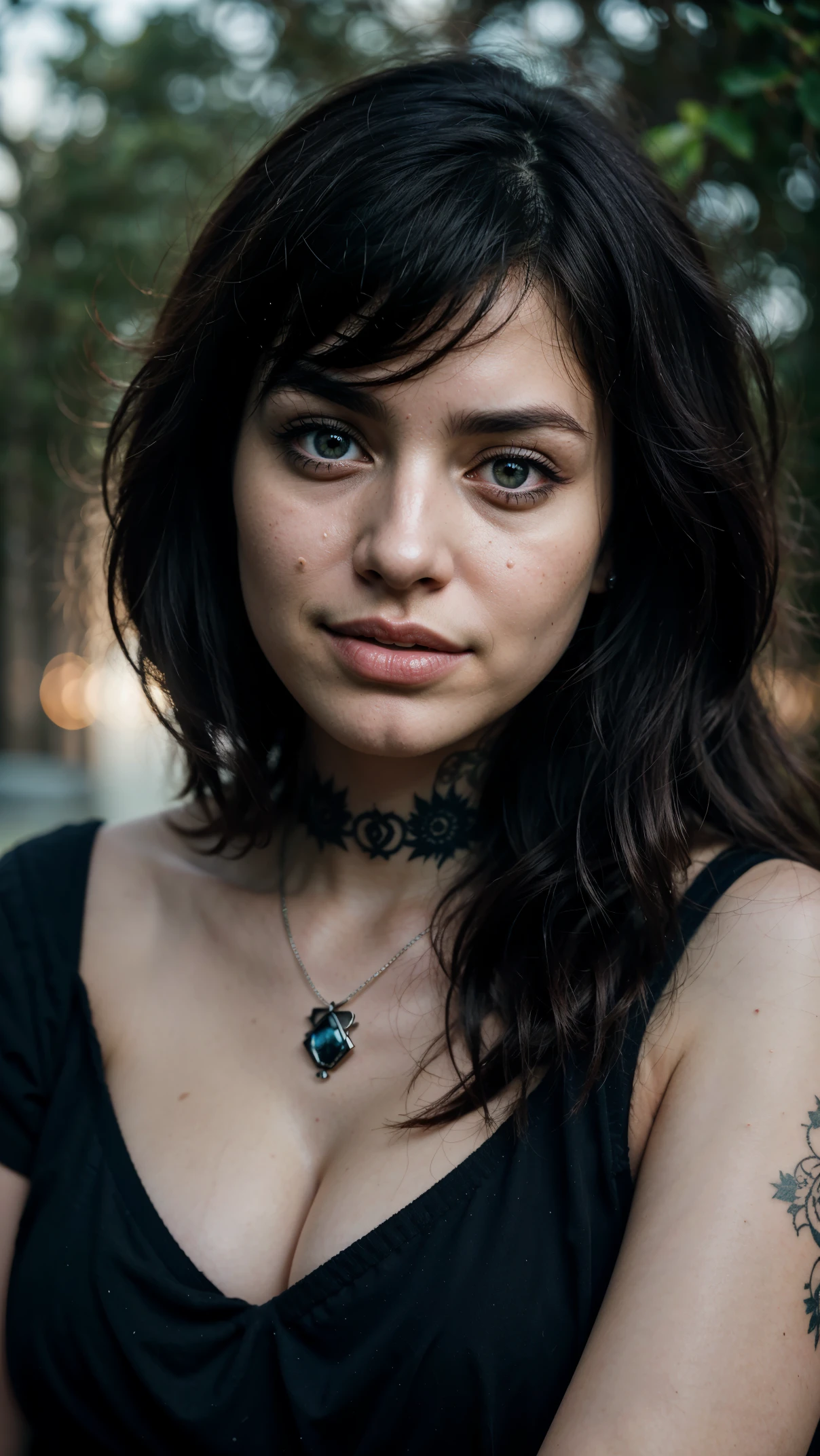 ((beste Qualität)), ((Meisterwerk)), (detailliert), perfect face, shallow depth of field, anna de armas, cute face, big mouth, big eyes, perfect nose, septum piercing, ring in nose, long black curly hair, emo, sad but happy face, beautiful woman, neck tattoos, tattoos, looking straight at camera, perfect photo, best camera, detailled face, detailled hair, metalcore, soft lighting, foggy background, dark nature background