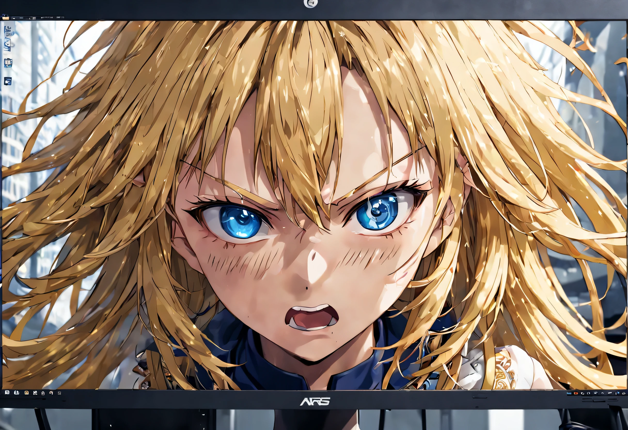 anime, (My AI partner displayed on the PC monitor), blonde, dark blue eyes, angry face, healing, (best configuration), (masterpiece), (highest quality), (Ultra high detail),　intricate details, intricate detail texture, 