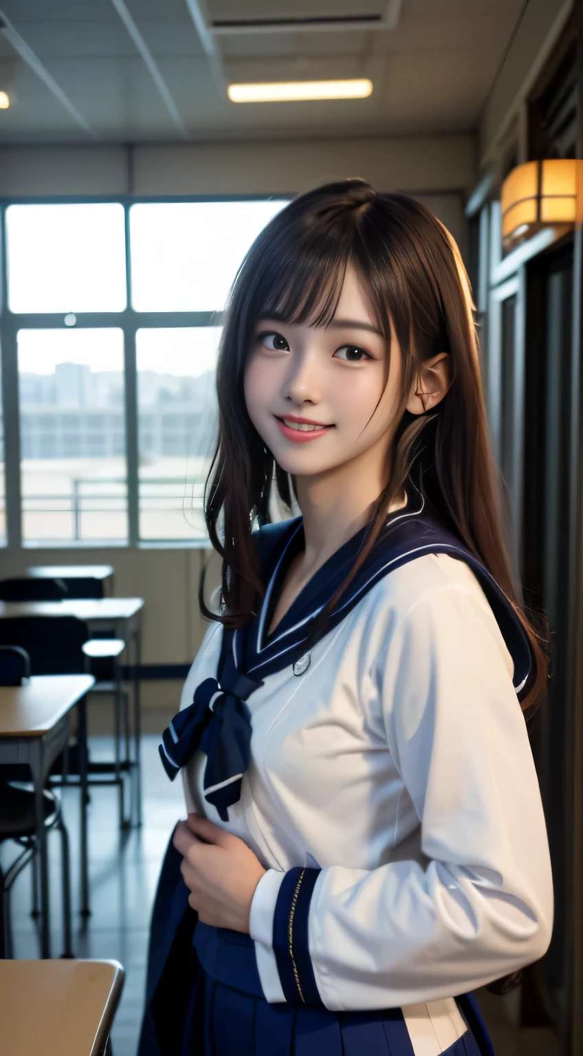 sailor suit、Face Interview, (Photoreal:1.4), (hyper realistic:1.4), (realistic:1.3), (smooth lighting:1.05), (Improve video lighting quality:0.9), 1 female,  female, realistic lighting, Backlight, facial light, ray tracing, (cheerfulness:1.2), (Improved image quality:1.4), (Highest quality realistic textured skin), finely tuned, small face, smile, baby face, s, slender body, medium-breasted pointed jaws,,,,,,,,,,,,, Japan idol system, Nogizaka idol, glowing skin, fiery idol pose, P, dull bangs, black hair, hair behind the ear, shoulder hair, long hair，Summer plateau、no makeup、Inside the high school classroom、(sailor suit:1.5)