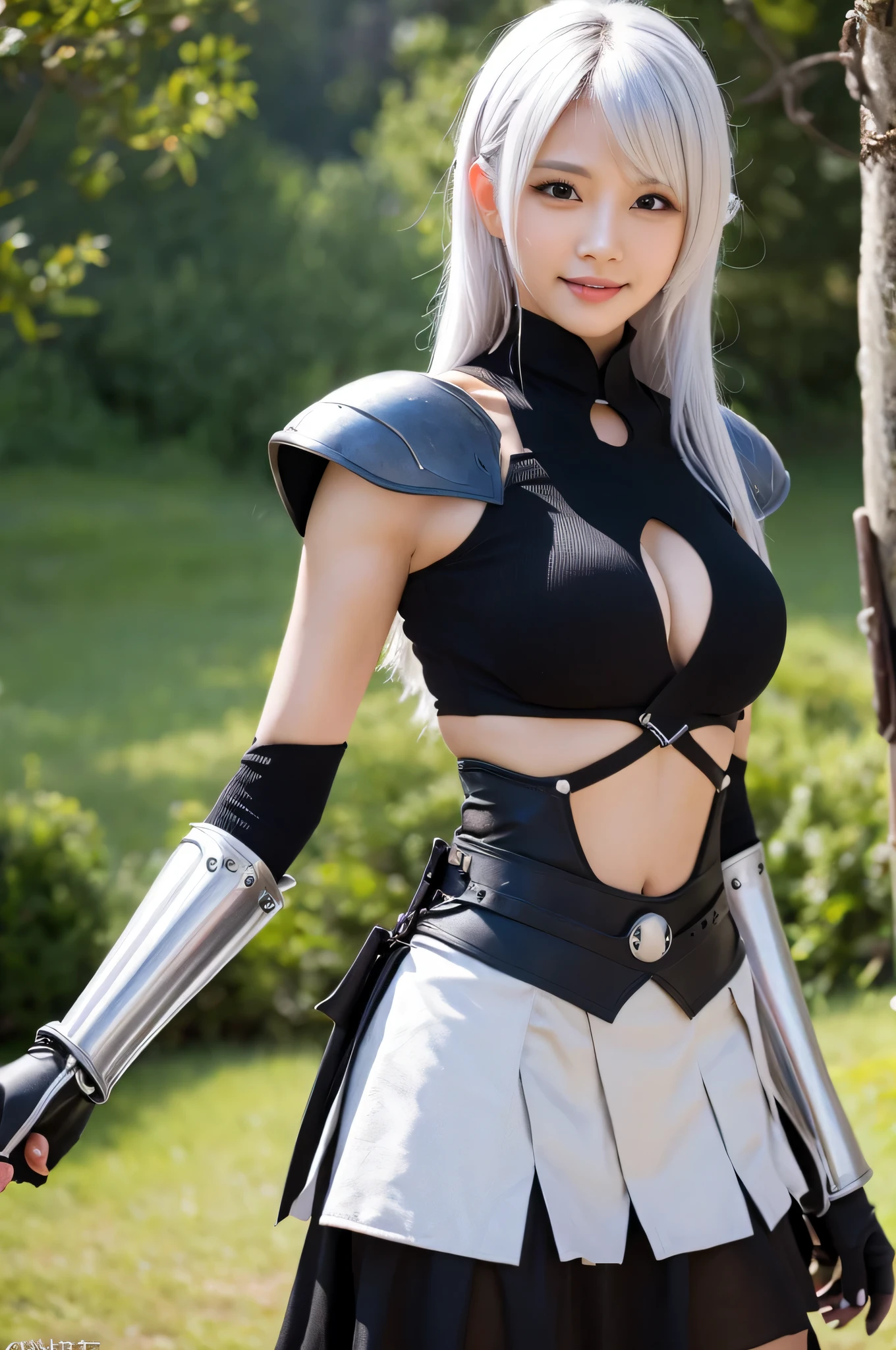 Highest resolution, 4K, Masterpiece: 1.3), A Japanese milf, photo of one lady, Sexy, fine eyes, Slender figure, Realistic teeth, double eyelids, full body, best quality, detailed, equipped with armor, at the fantasy world, background is parallel world, mini skirt, look elf, white hair