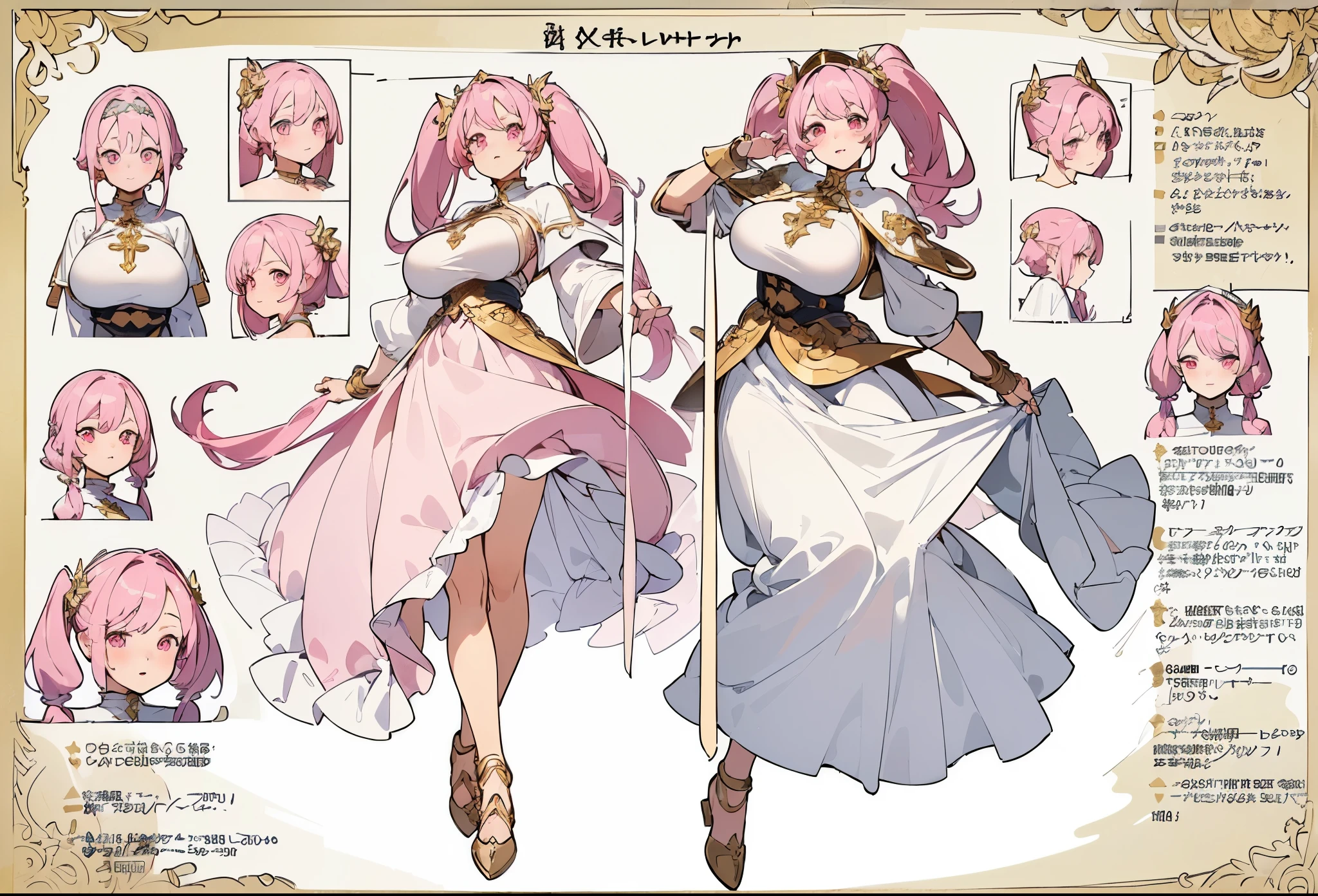 ((masterpiece, top quality)), (detailed face, character sheets, full body, full of details, Multiple poses and expressions, highly detailed, Depth, many parts)((huge breasts)) 1 beautiful girl, pink hair tied in 2 high pigtails, pink eyes, pink lips, sensual body, white fantasy cleric dress with gold details, white fantasy cleric headdress, smile