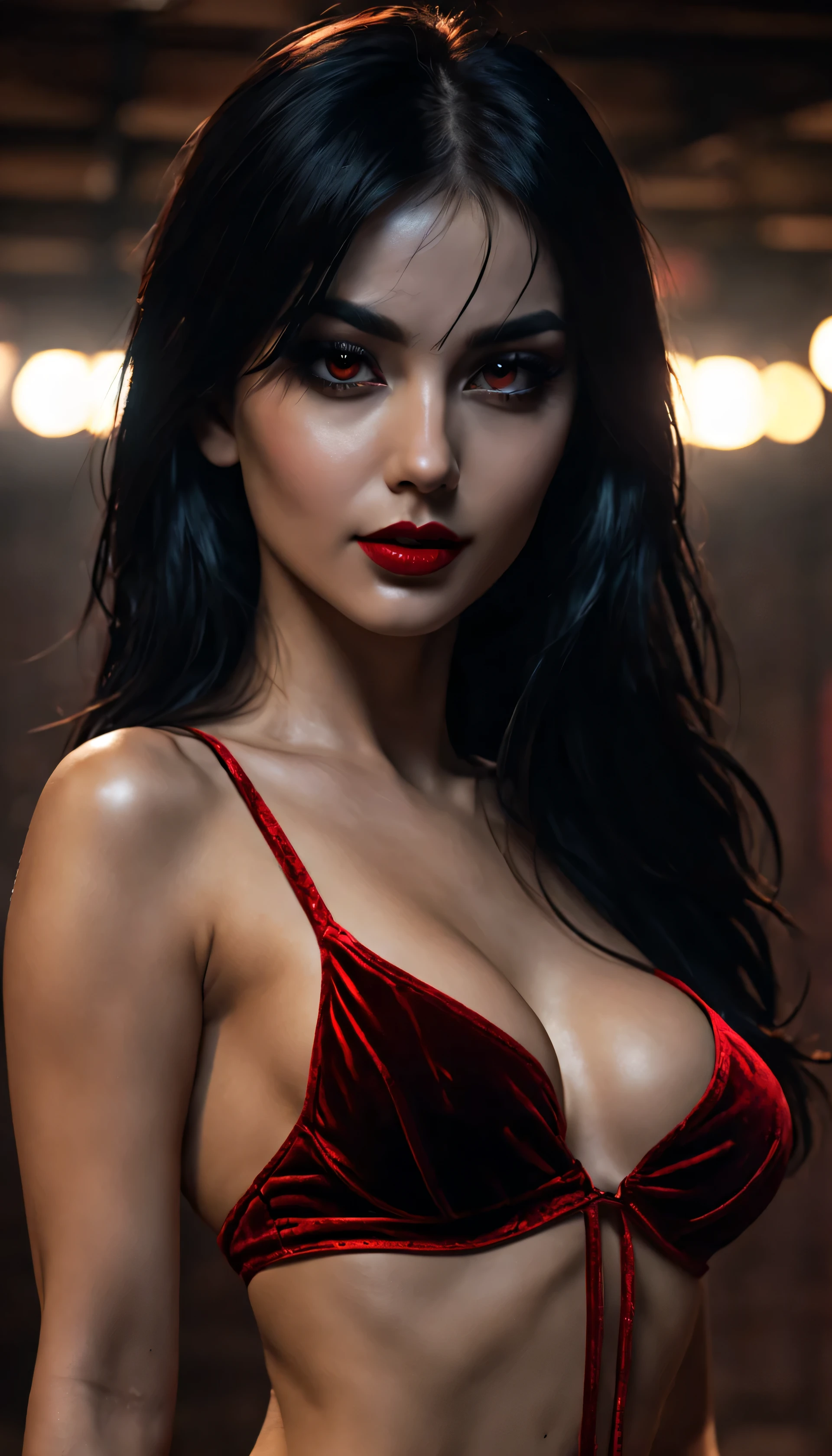 (hyper realistic, photorealistic, 8k, UHD, intricate details, 1 girl, solo, very long wide angle shot), a beautiful American woman, with long dark neon black hair, Transparent velvet lingerie, beautiful breasts, seductive cleavage, beautiful bright red glowing eyes, Transparent velvet lingerie, dancing in a dark evil underground fight club, seductively smiling in a naughty succubae and horny way. dancing in a dark evil underground fight club