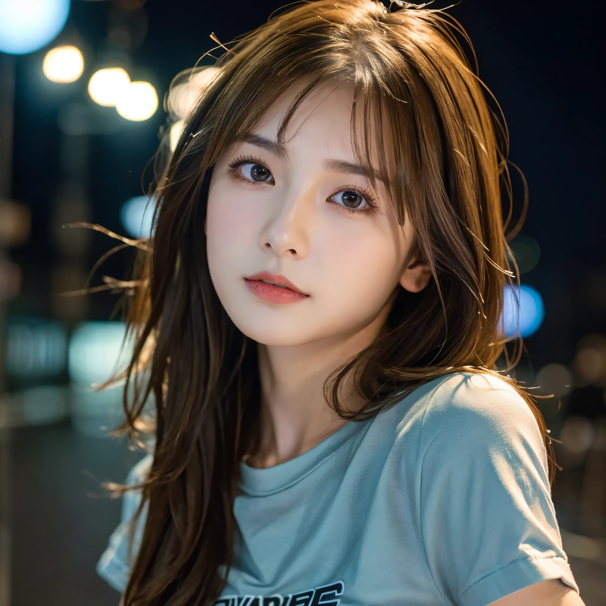 (Best quality, High resolution, Masterpiece :1.3), A pretty woman, Slender figure, Dark brown hair, T-shirt, (Street in city at night), Highly detailed face and skin texture, Detailed eyes, Double eyelid