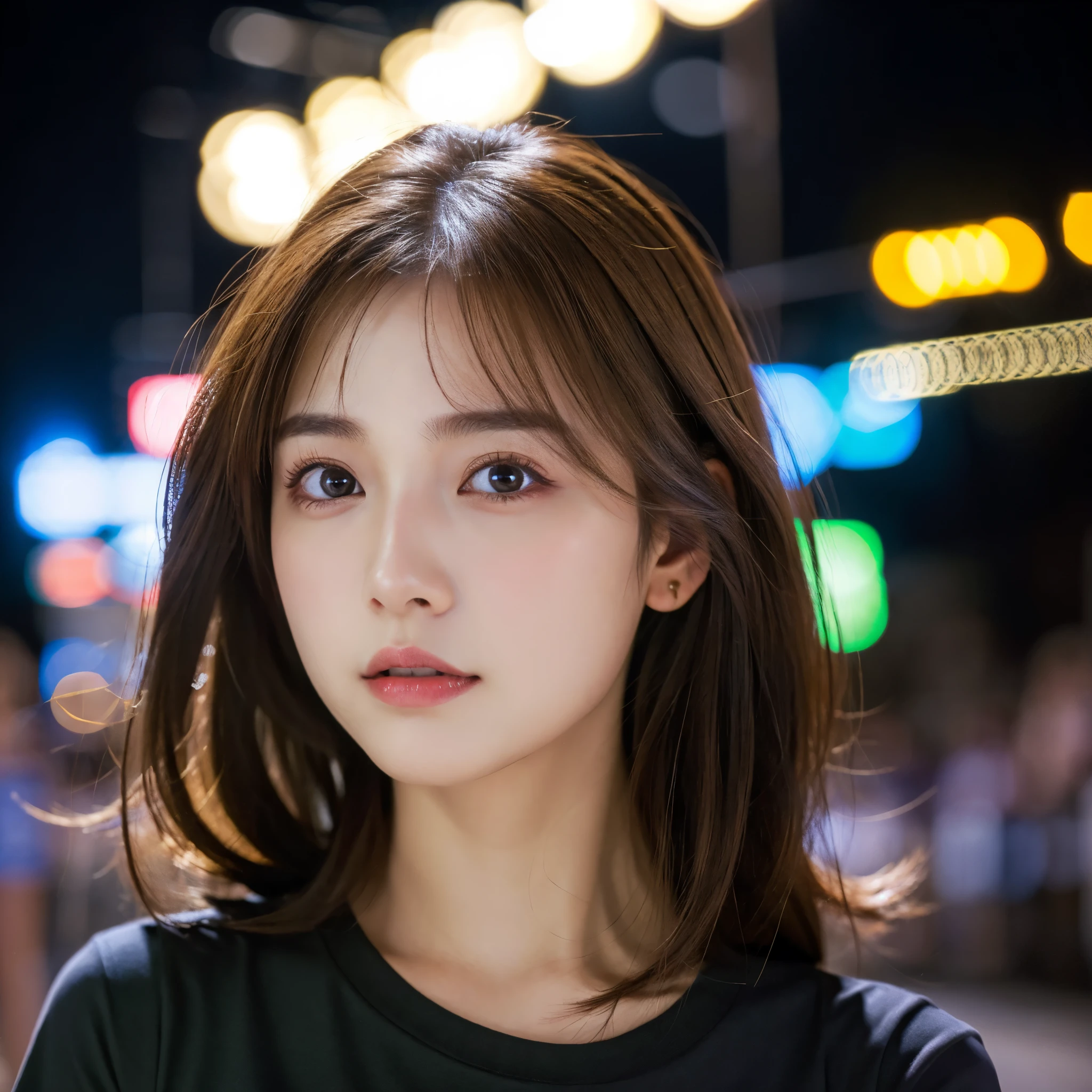 (Best quality, High resolution, Masterpiece :1.3), A pretty woman, Slender figure, Dark brown hair, T-shirt, (Street in city at night), Highly detailed face and skin texture, Detailed eyes, Double eyelid