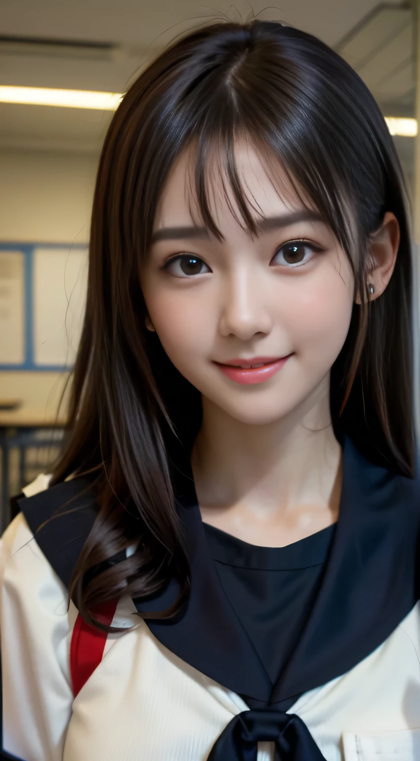 sailor suit、Face Interview, (Photoreal:1.4), (hyper realistic:1.4), (realistic:1.3), (smooth lighting:1.05), (Improve video lighting quality:0.9), 1 female, 16 year old female, realistic lighting, Backlight, facial light, ray tracing, (cheerfulness:1.2), (Improved image quality:1.4), (Highest quality realistic textured skin), finely tuned, small face, smile, baby face, red cheeks, slender body, medium-breasted pointed jaws,,,,,,,,,,,,, Japan idol system, Nogizaka idol, glowing skin, fiery idol pose, P, dull bangs, black hair, hair behind the ear, shoulder hair, long hair，Summer plateau、no makeup、Inside the high school classroom、(sailor suit:1.5)