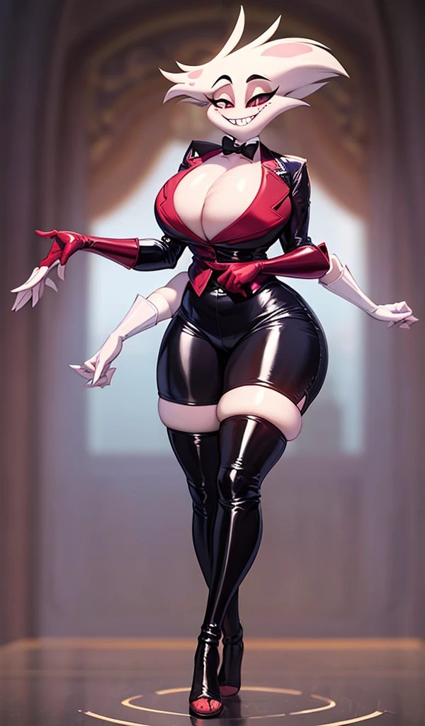 (best quality, masterpiece:1), furry, female, 1girl, anthro, angeldust, 4 arms, white cloths , thigh boots, gold tooth, huge chest tuft, choker, bowtie, , red gloves, grin, sharp teet hourglass figure, thick thighs, bubble butt, wide hips, *, pants, full, body, butler cloths, noble cloths,blending, reflection light, ray tracing, backlighting, bloom, blending, drop shadow, film grain, image fill, Fujicolor, halftone, motion lines, optical illusion, anaglyph, stereogram, speed lines, vignetting, scanlines, UHD, retina, masterpiece, ccurate, anatomically correct, textured skin, super detail, high details, high quality, award winning, best quality, highres, boots,refsheet, standing, full body, flipflops, pants
