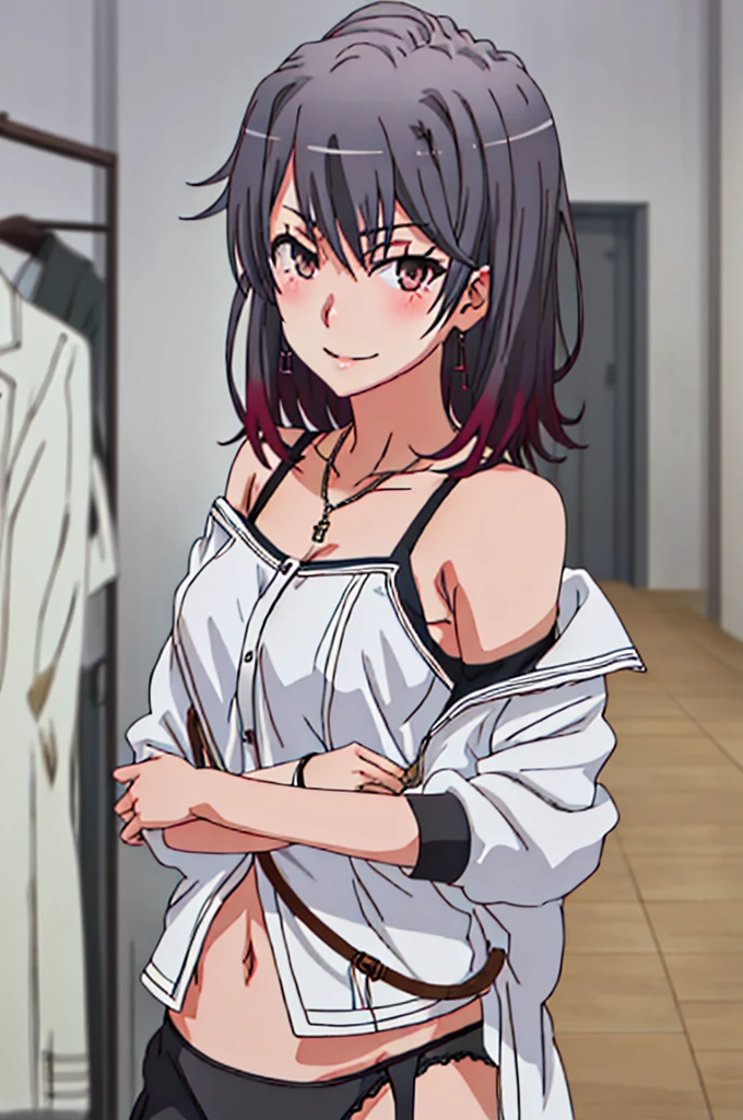 highest quality, masterpiece, High resolution, solo, {yukinoshita_haruno_yahariorenoseishunlovecomewamachigatteiru:1.15}, black_hair, short_hair, smile, brown_eyes, bangs, 1girl, blush, clavicle, hair_between_eyes, looking_at_viewer, anime_coloring, Black bra, Black panties, garter belt, underwear, chest, chest, chestの谷間, The background is the bedroom