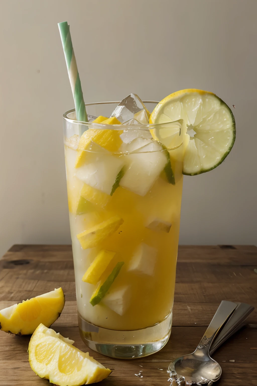 Water infused with pineapple pieces, mango y menta fresca