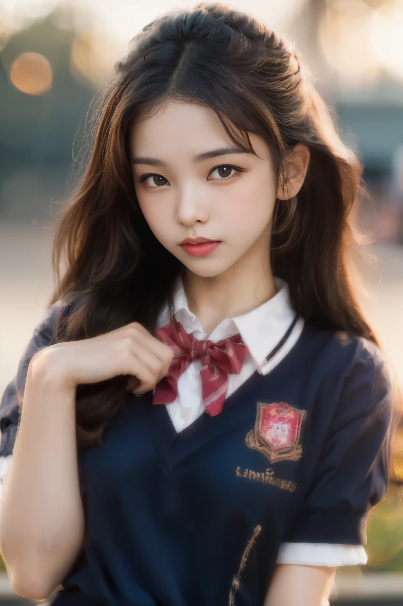 (2 cabelo loiro de , amazing face and eyes, olhos cor-de-rosa, (Uniforme hi-School com seios bem abertos:1.2), lindos seios grandes, bare breasts, (meninavelmente bonita), brown hair, (high-school uniform, minissaia plissada:1.5), ((best quality)), (ultra-detalhado), (extremamente detalhado CG unificado 8k wallpaper), altamente detalhado, high-definition RAW color photos, fotografia profissional, (((Bokeh))), profundidade de campos,