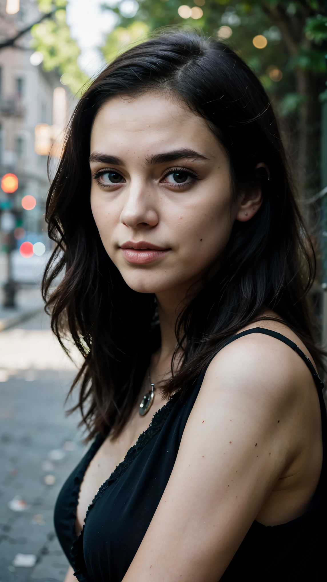 ((beste Qualität)), ((Meisterwerk)), (detailliert), perfect face, shallow depth of field, anna de armas, cute face, big mouth, big eyes, perfect nose, septum piercing, ring in nose, long black curly hair, emo, sad but happy face, beautiful woman, neck tattoos, tattoos, looking straight at camera, perfect photo, best camera, detailled face, detailled hair, metalcore, soft lighting, foggy background, dark nature background, no eye bags, no saggy eyes, green eyes