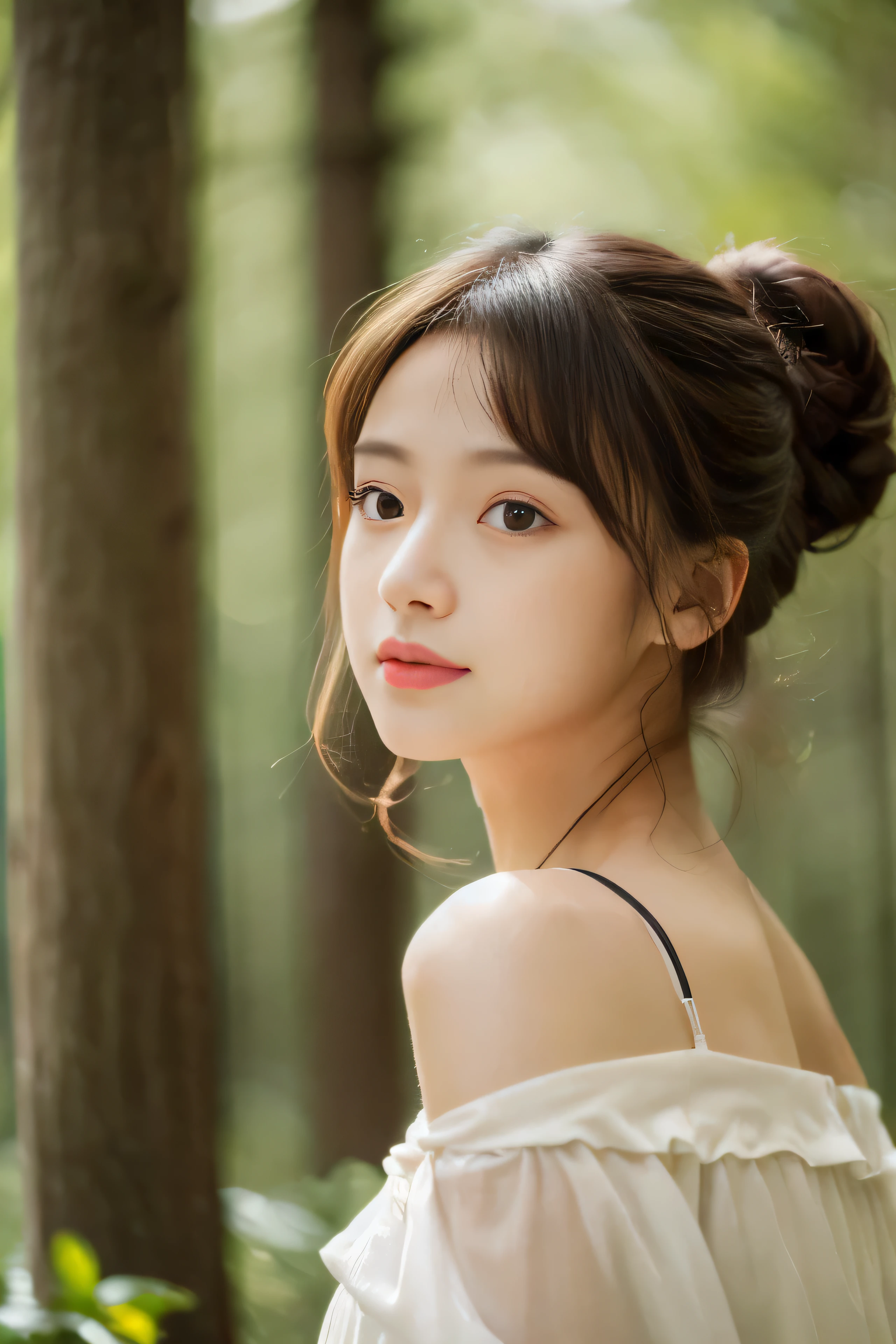 (8K High Quality Masterpiece、​masterpiece: 1.3、Beautiful woman with perfect body: 1.4、g-cup、huge tit、big breasts、1人、20yr old、Bright purple underwear、Ultra-high definition face、smooth white skin、cute little、bright brown hair、bright brown eyes、from waist up、nedium breasts、Beautiful small face、de pele branca、frontage、the woods)、Anxious face、Japan person model、Young cute gravure idol、Realistic gravure idol、sophisticated gravure idol、Realistic lighting、Best Quality、Double eyelids、Beautiful Japan girl、