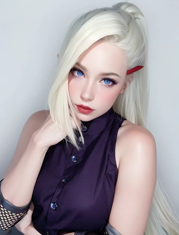 young woman, long blonde hair, side bangs, white skin, black eyebrows, blue eyes, pig nose, red lips, violet clothes, Ino, realistic, 3d
