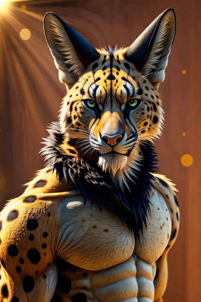 solo,furry,anthro,Serval,male,E621,standing,hands behind back,wearing underwear,plain background,front view,(best quality,4k,8k,highres,masterpiece:1.2),ultra-detailed,(realistic,photorealistic,photo-realistic:1.37),illustration,sharp focus,colorful lighting,soft shadows,goatee beard,curved horns,expressive eyes,detail-rich fur,textured skin,vivid colors,bokeh
